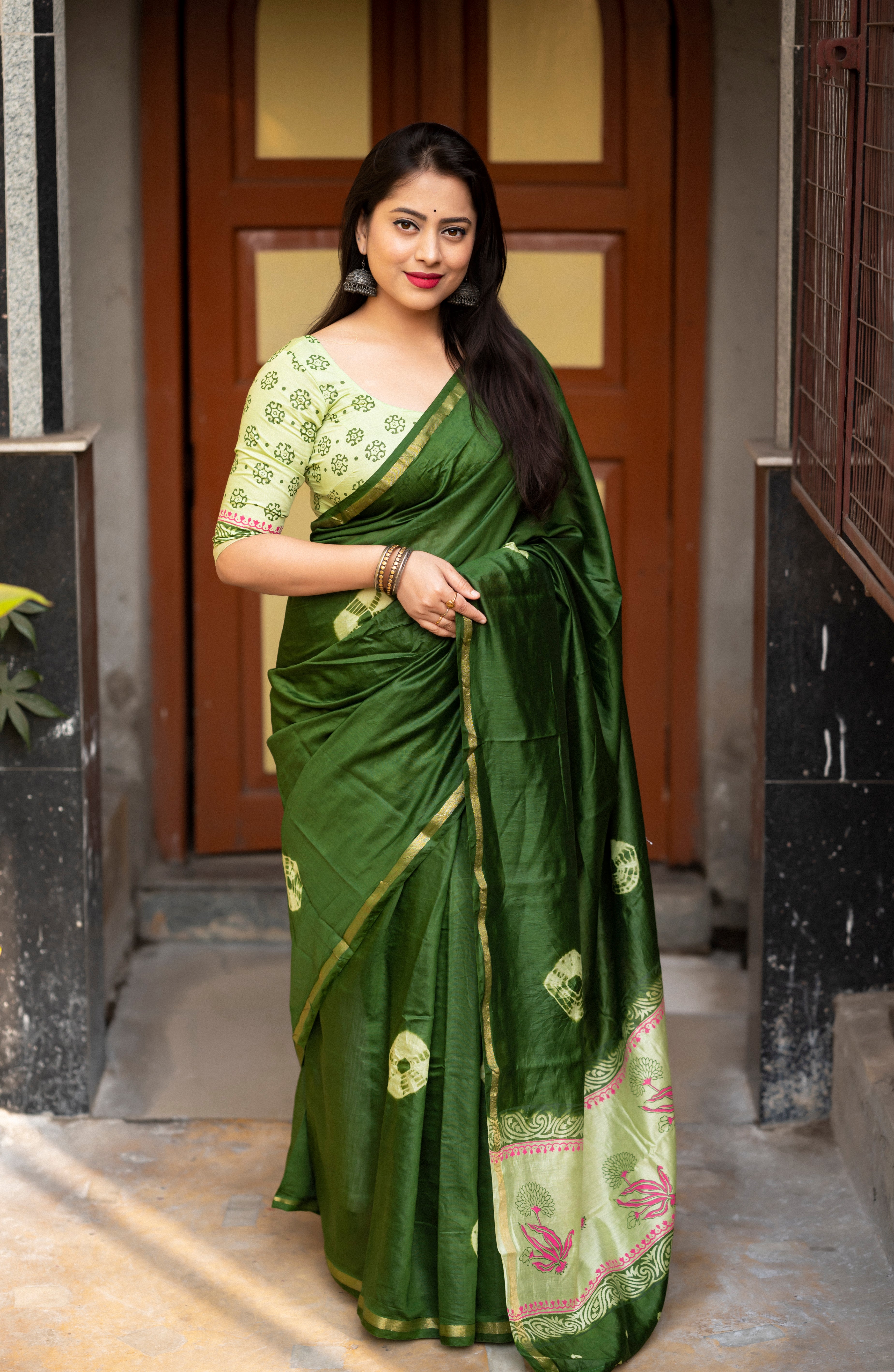 Green Chanderi Cotton Shibori Print Sari