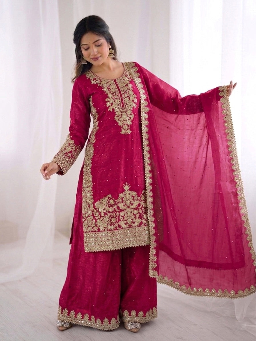 Pink Color GMY Silk Embroidered Top Bottom Dupatta Set for Women | Nardev Fashion