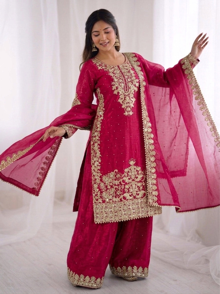 Pink Color GMY Silk Embroidered Top Bottom Dupatta Set for Women | Nardev Fashion