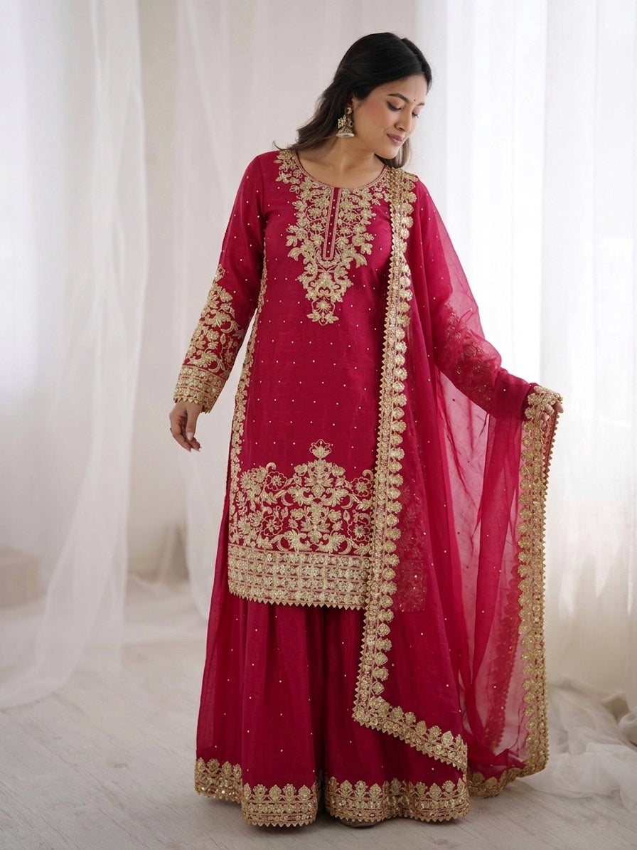 Pink Color GMY Silk Embroidered Top Bottom Dupatta Set for Women | Nardev Fashion