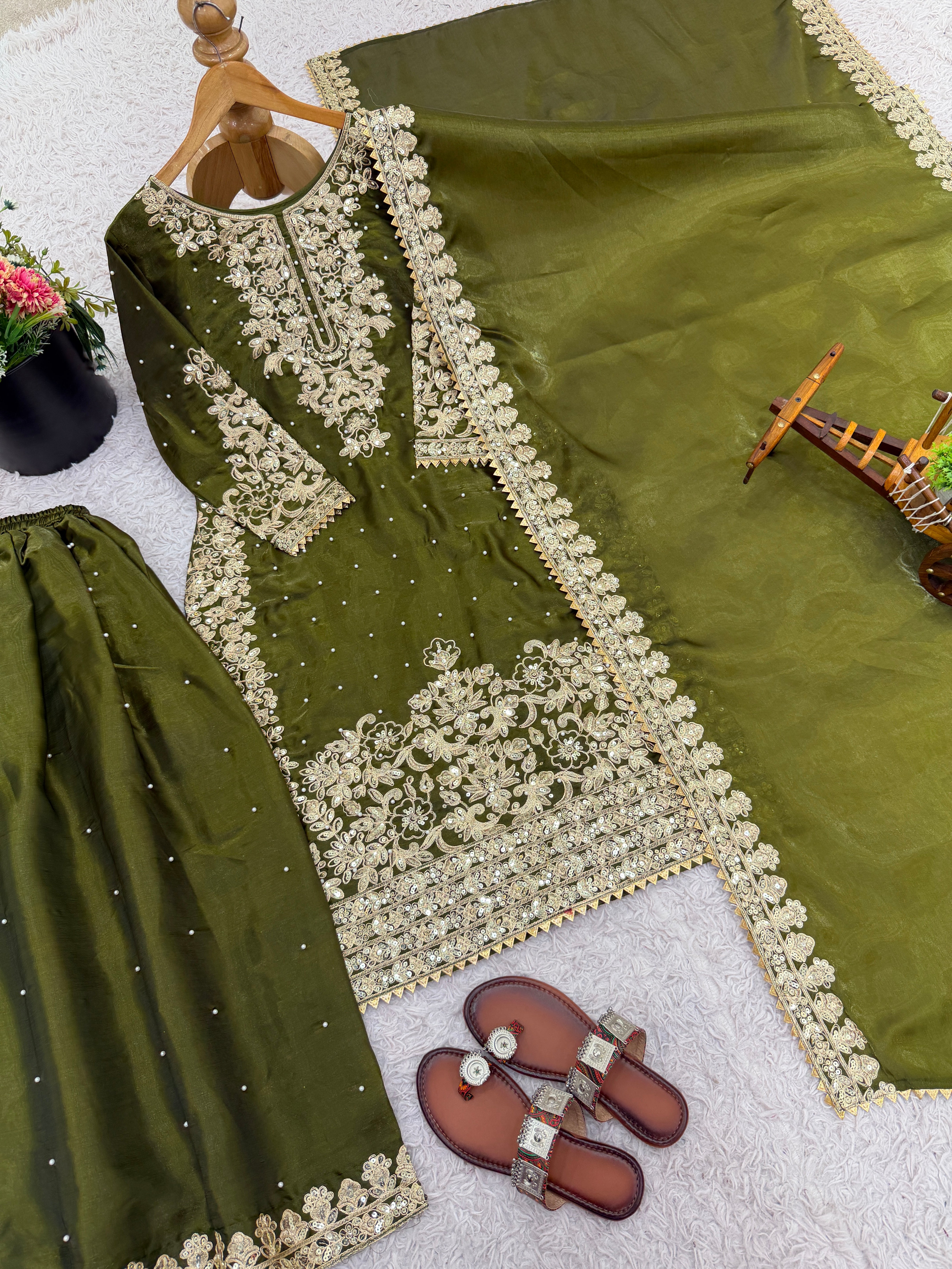 Mehendi Color GMY Silk Embroidered Top Bottom Dupatta Set for Women | Nardev Fashion