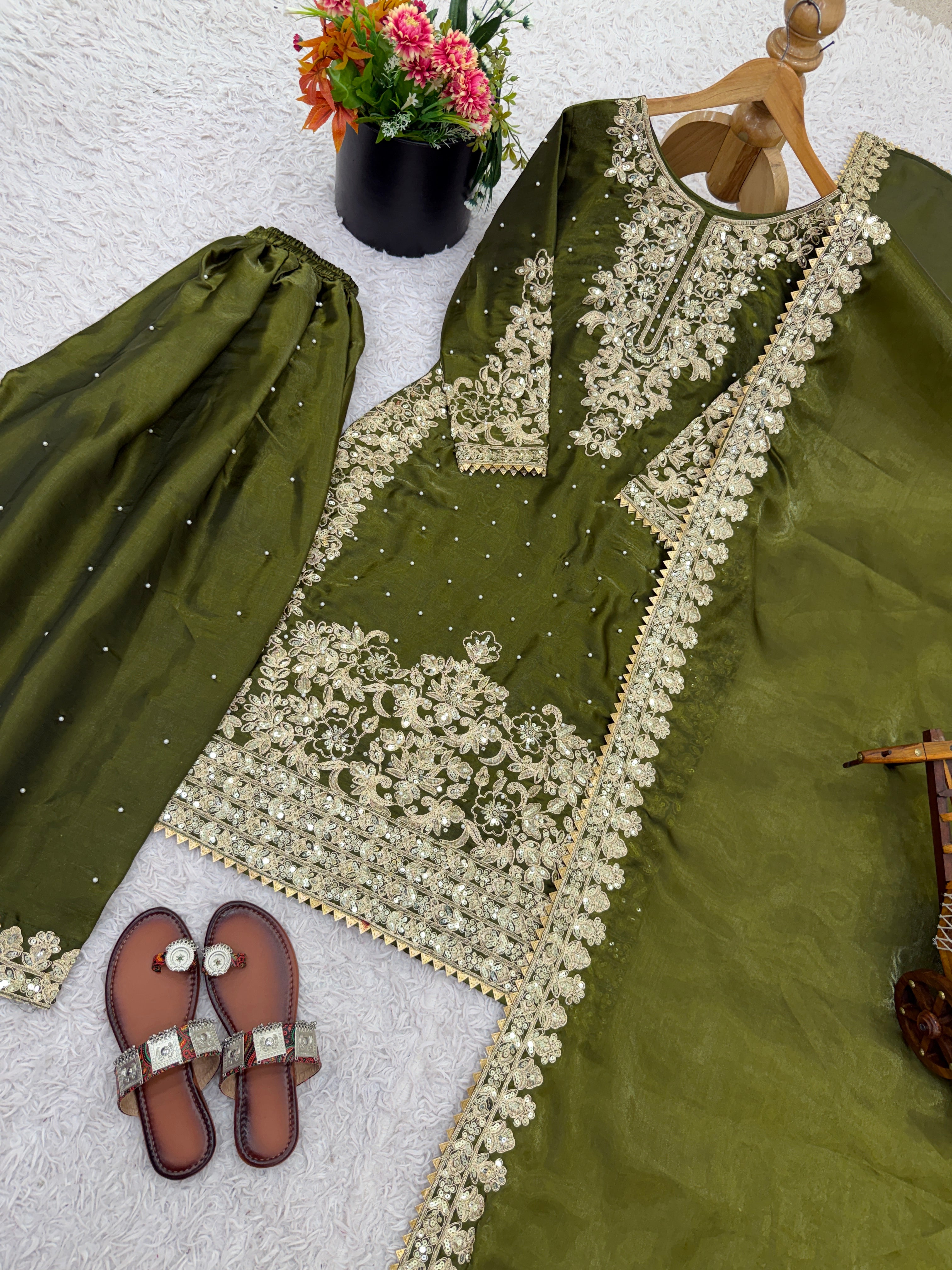 Mehendi Color GMY Silk Embroidered Top Bottom Dupatta Set for Women | Nardev Fashion