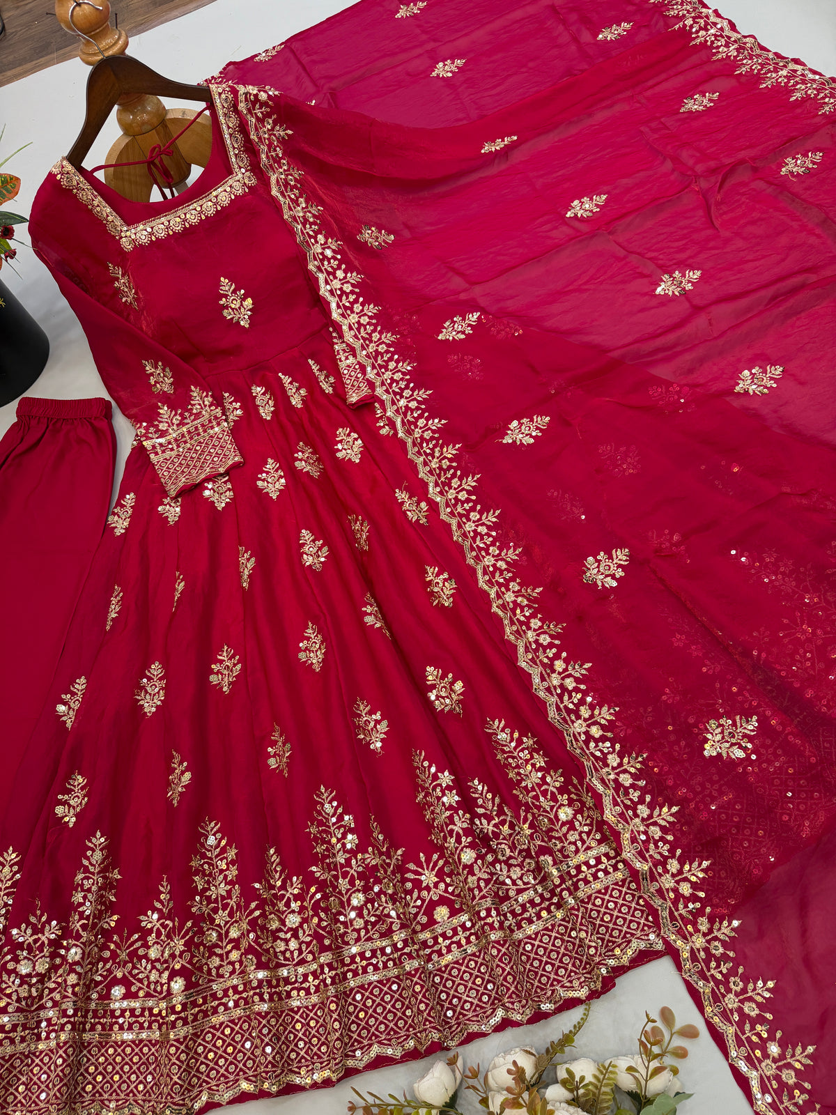 Ruby Red Fendy Silk Embroidered Anarkali Gown Set with Dupatta