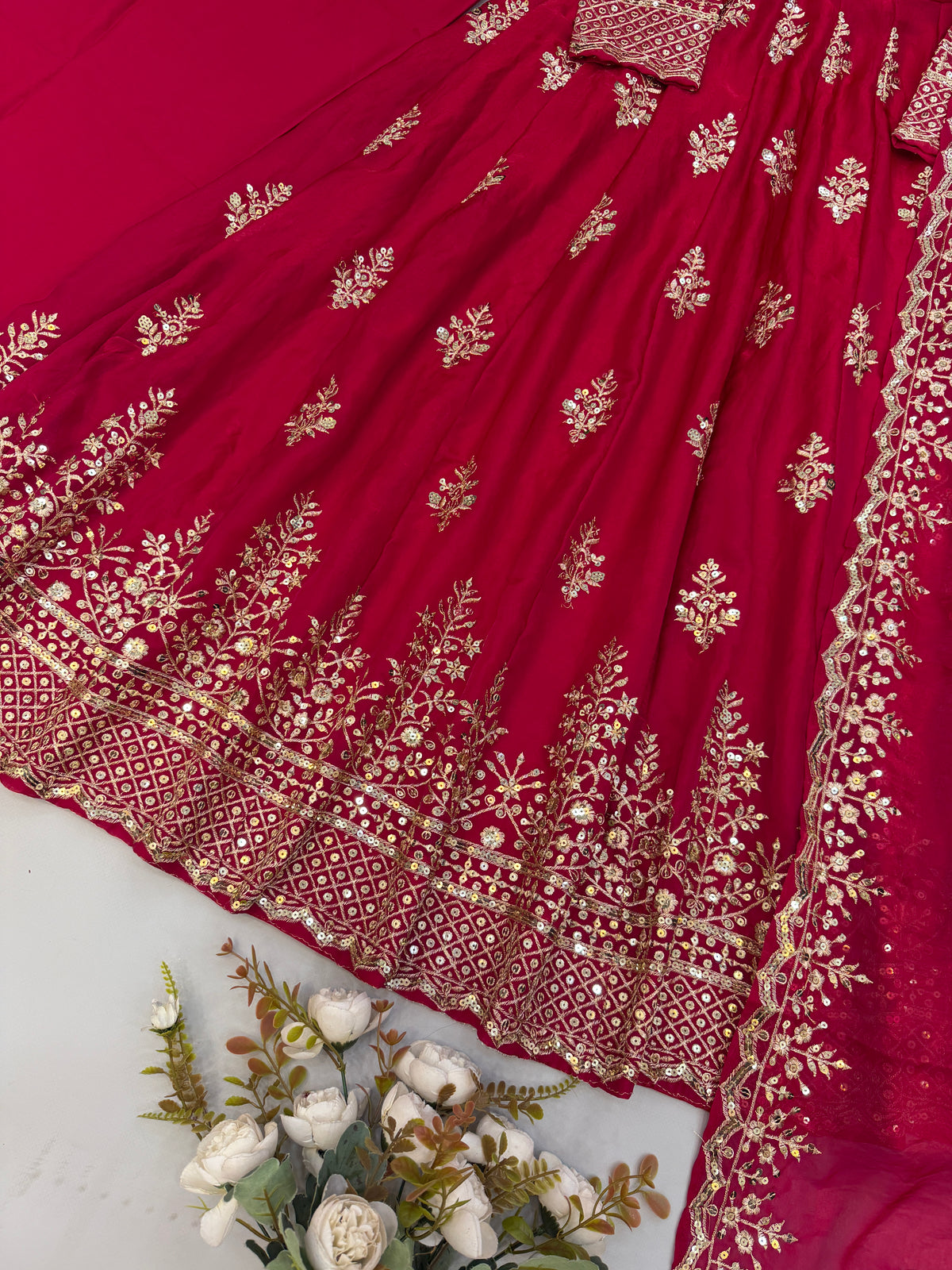 Ruby Red Fendy Silk Embroidered Anarkali Gown Set with Dupatta