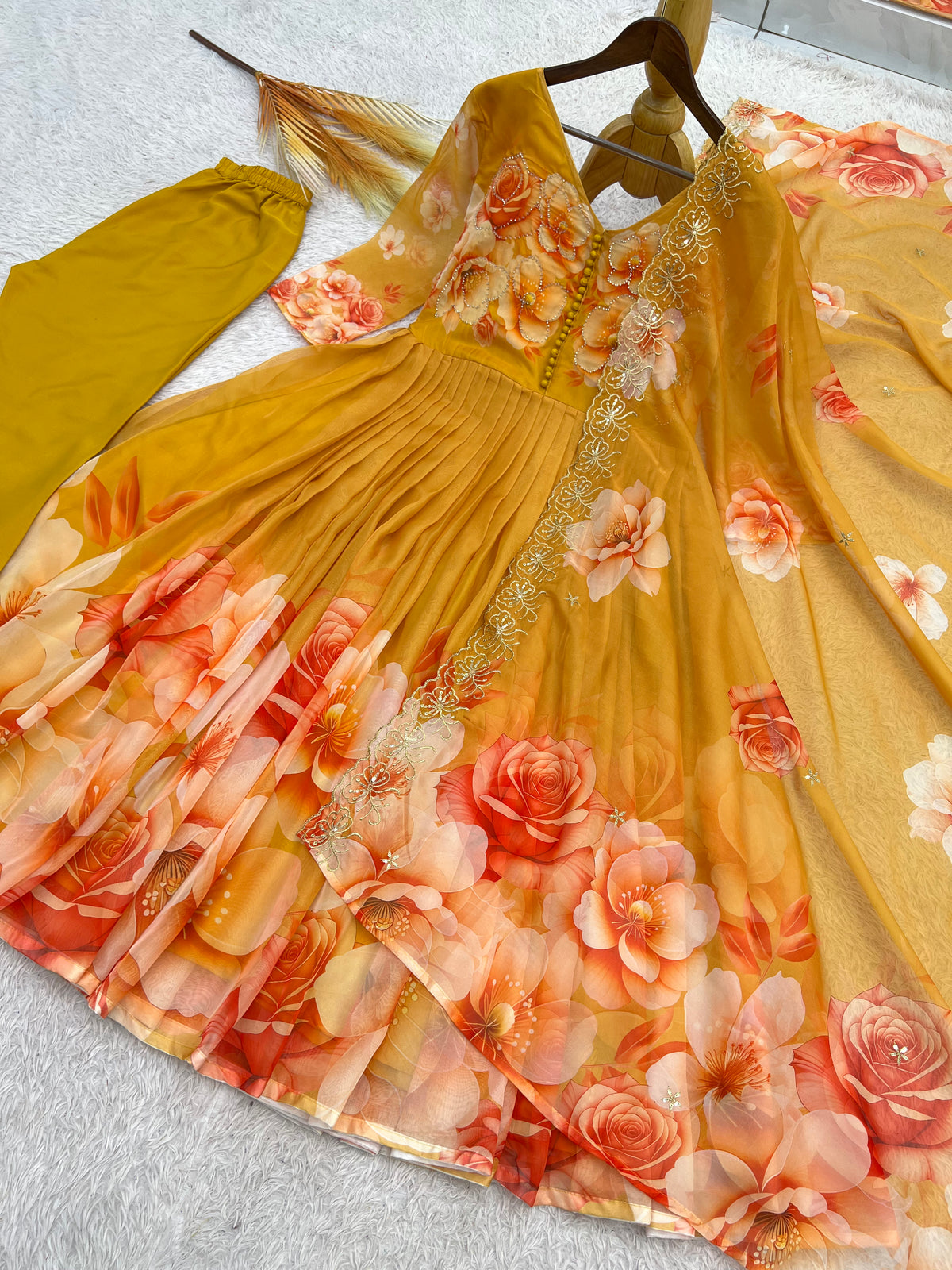 Mustard Yellow Floral Organza Anarkali Gown Set with Embroidered Dupatta