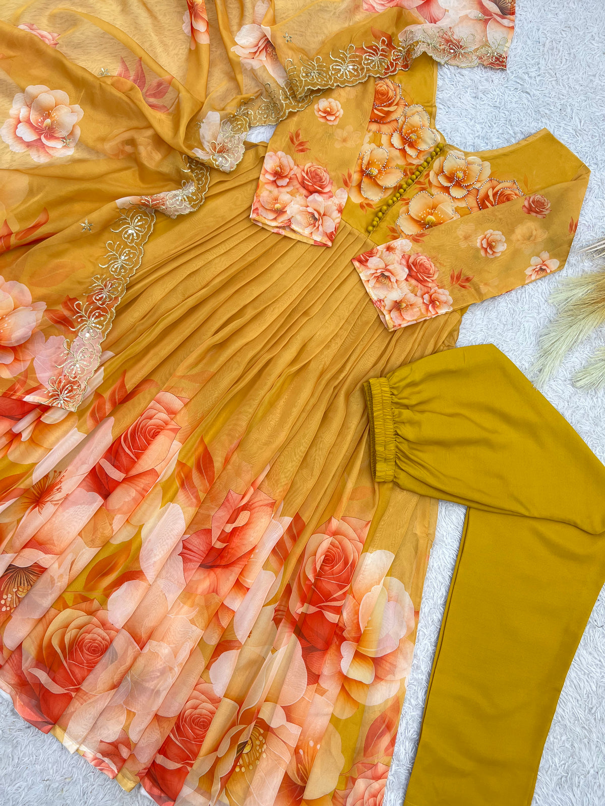 Mustard Yellow Floral Organza Anarkali Gown Set with Embroidered Dupatta