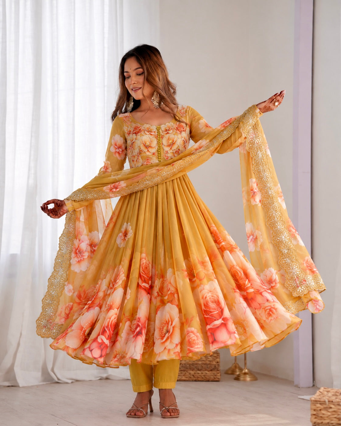 Mustard Yellow Floral Organza Anarkali Gown Set with Embroidered Dupatta