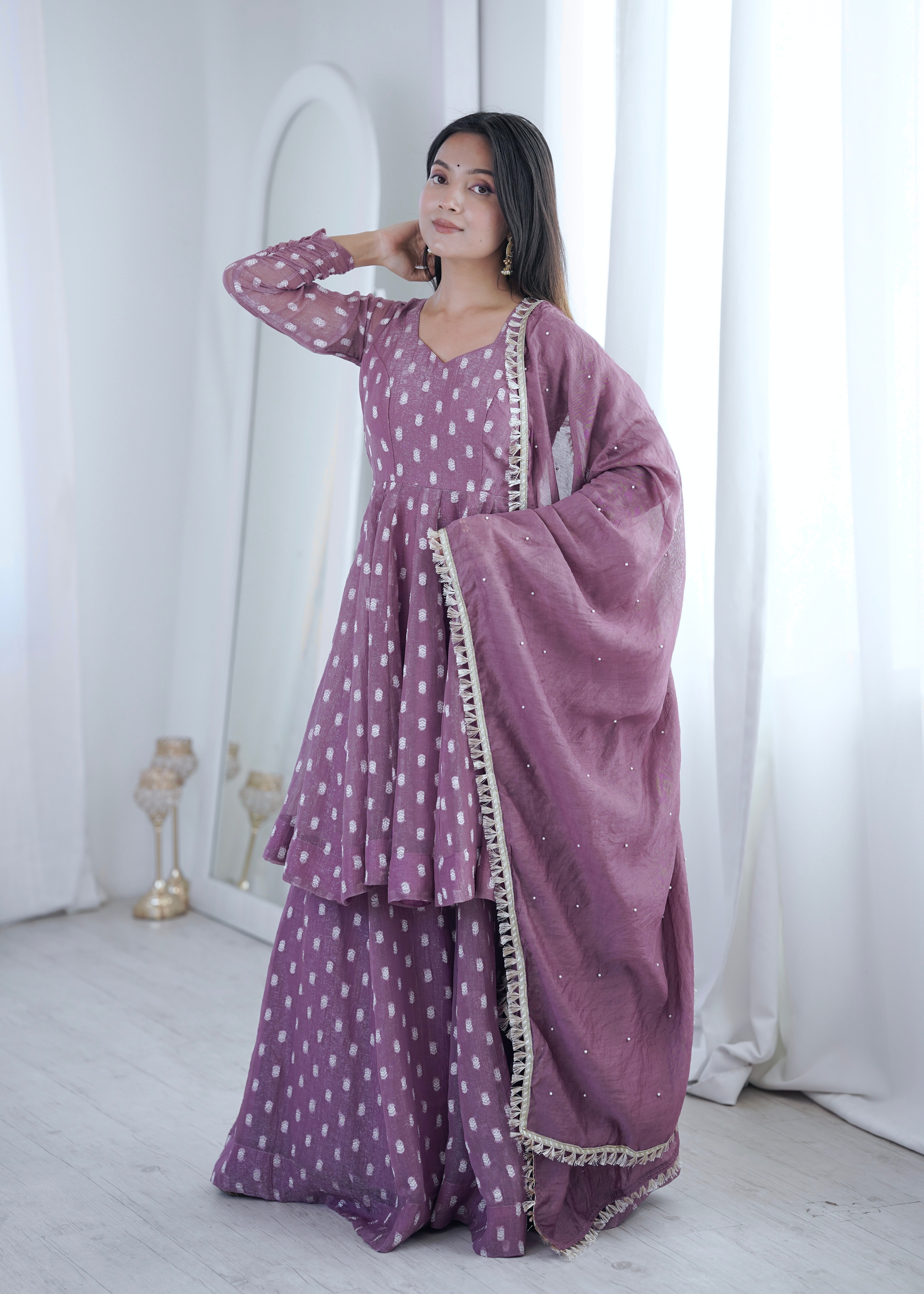 Pink Jacquard Butti Sharara Suit Set with Lace Border Dupatta
