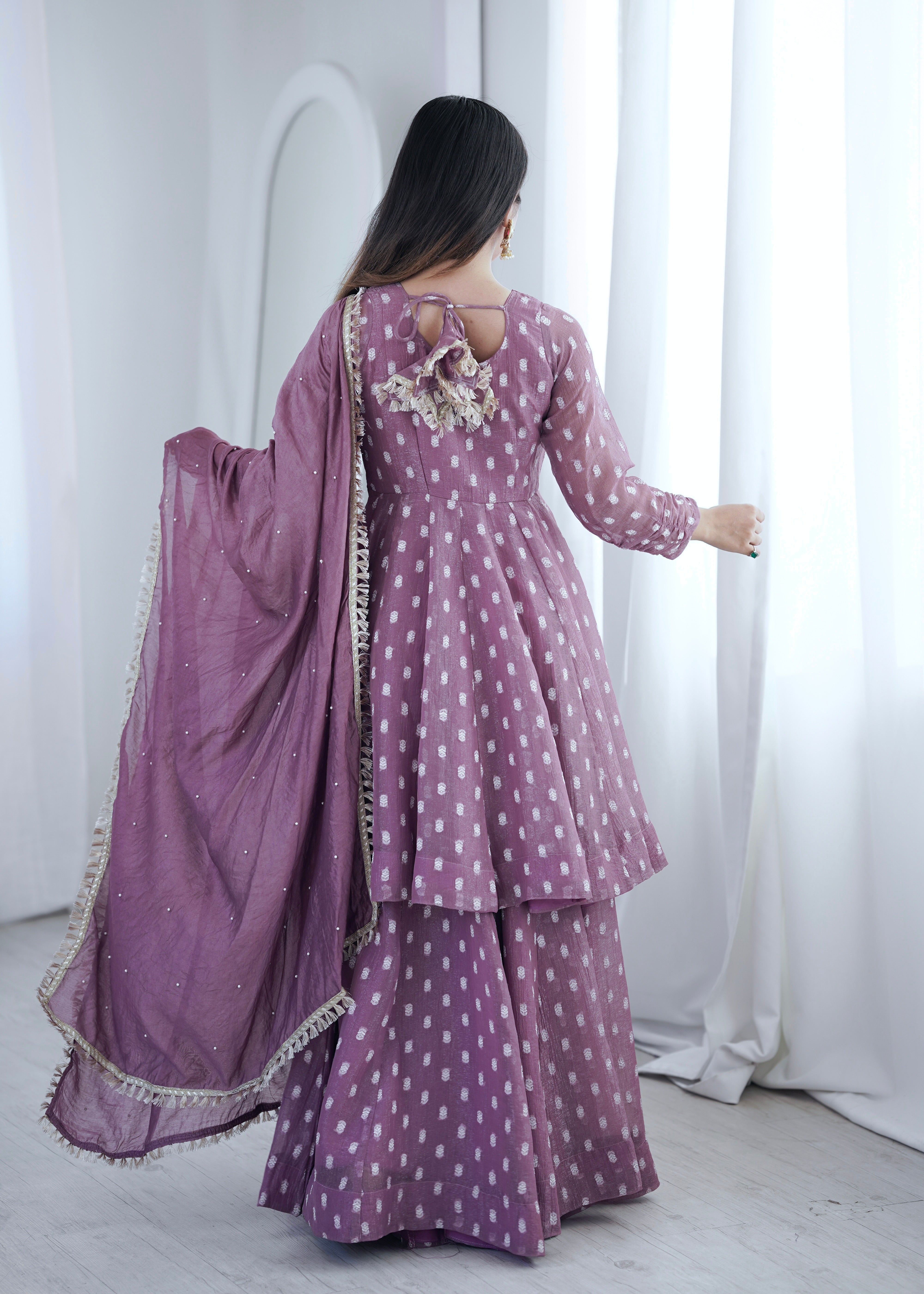 Pink Jacquard Butti Sharara Suit Set with Lace Border Dupatta