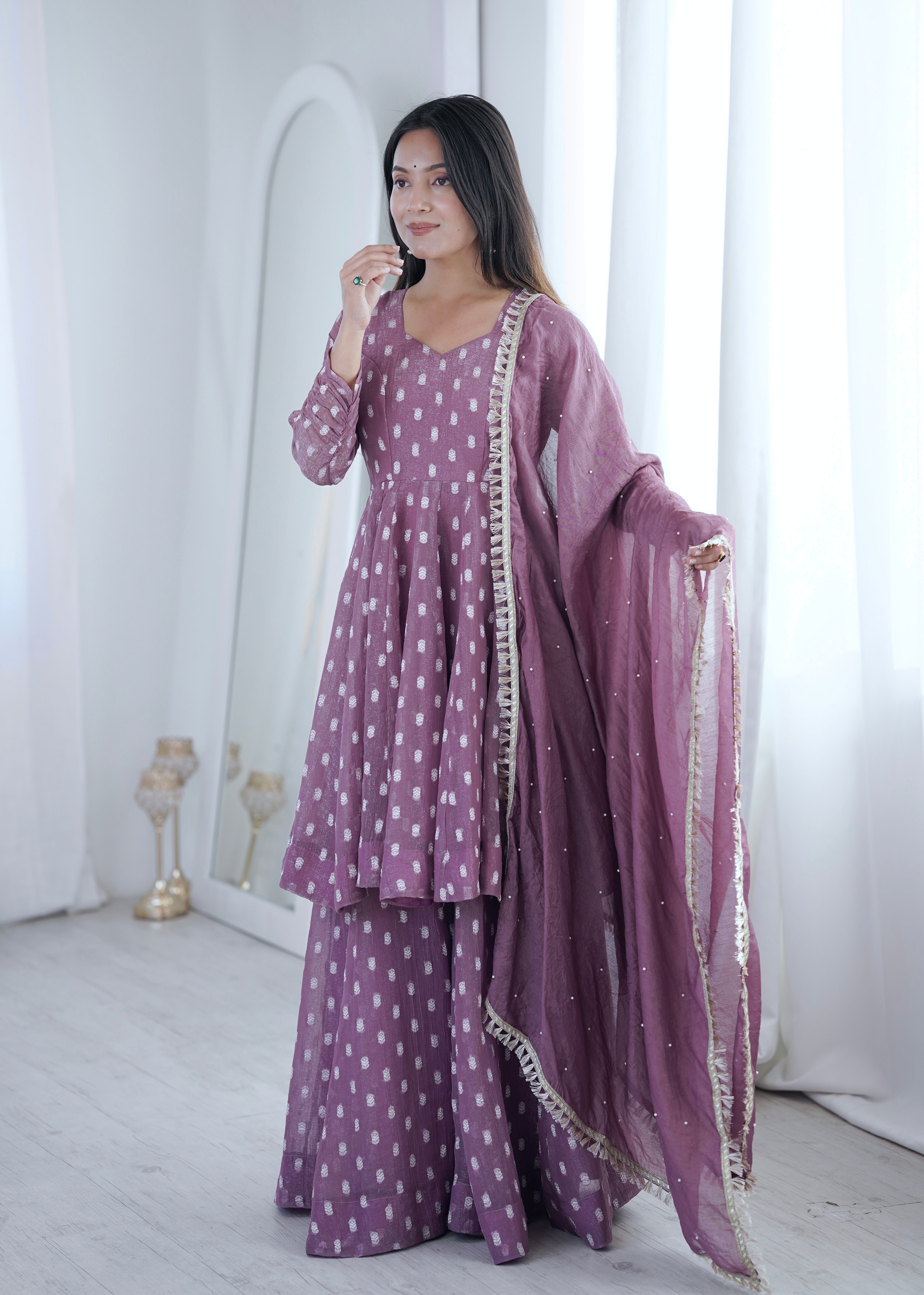 Pink Jacquard Butti Sharara Suit Set with Lace Border Dupatta