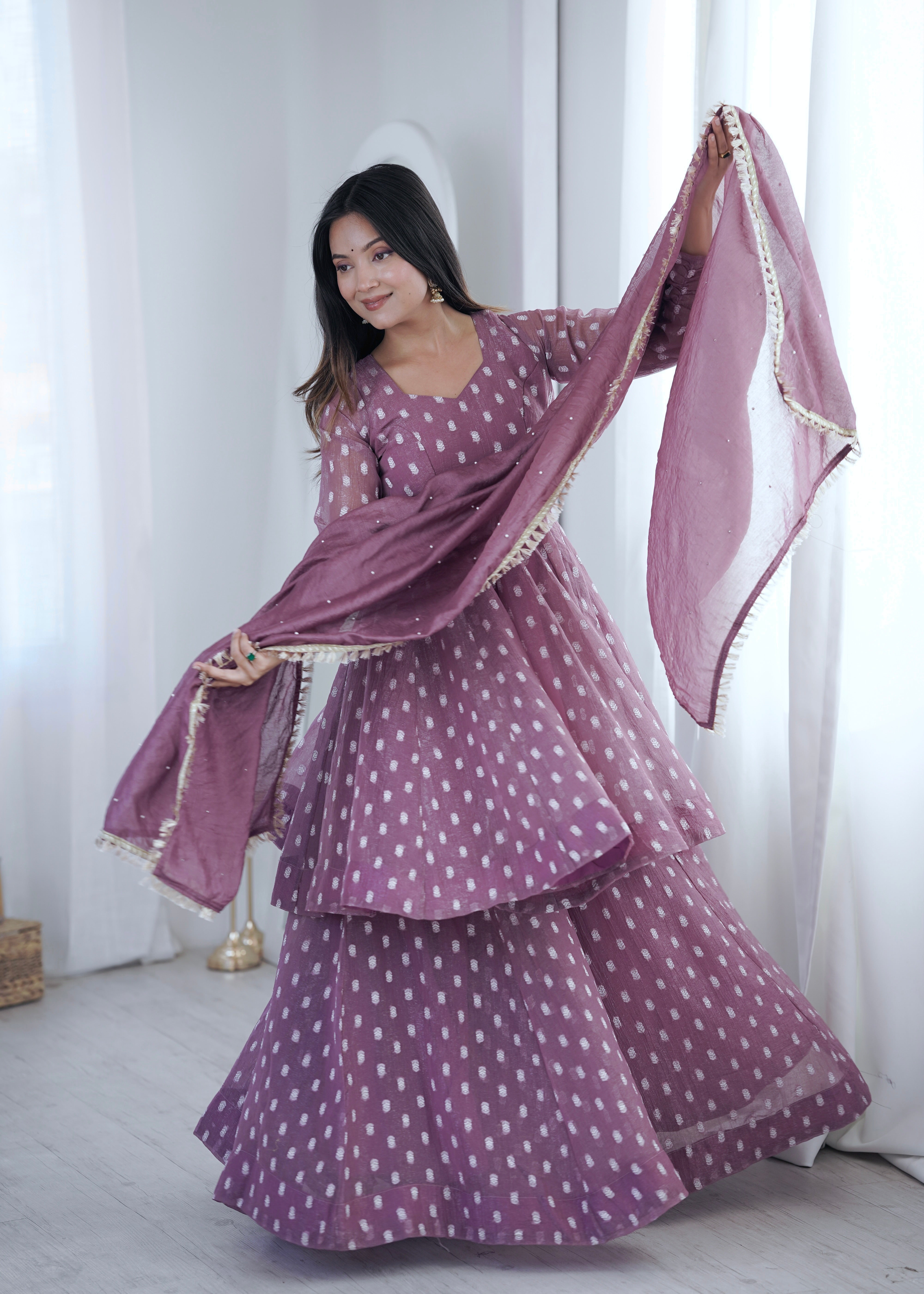 Pink Jacquard Butti Sharara Suit Set with Lace Border Dupatta