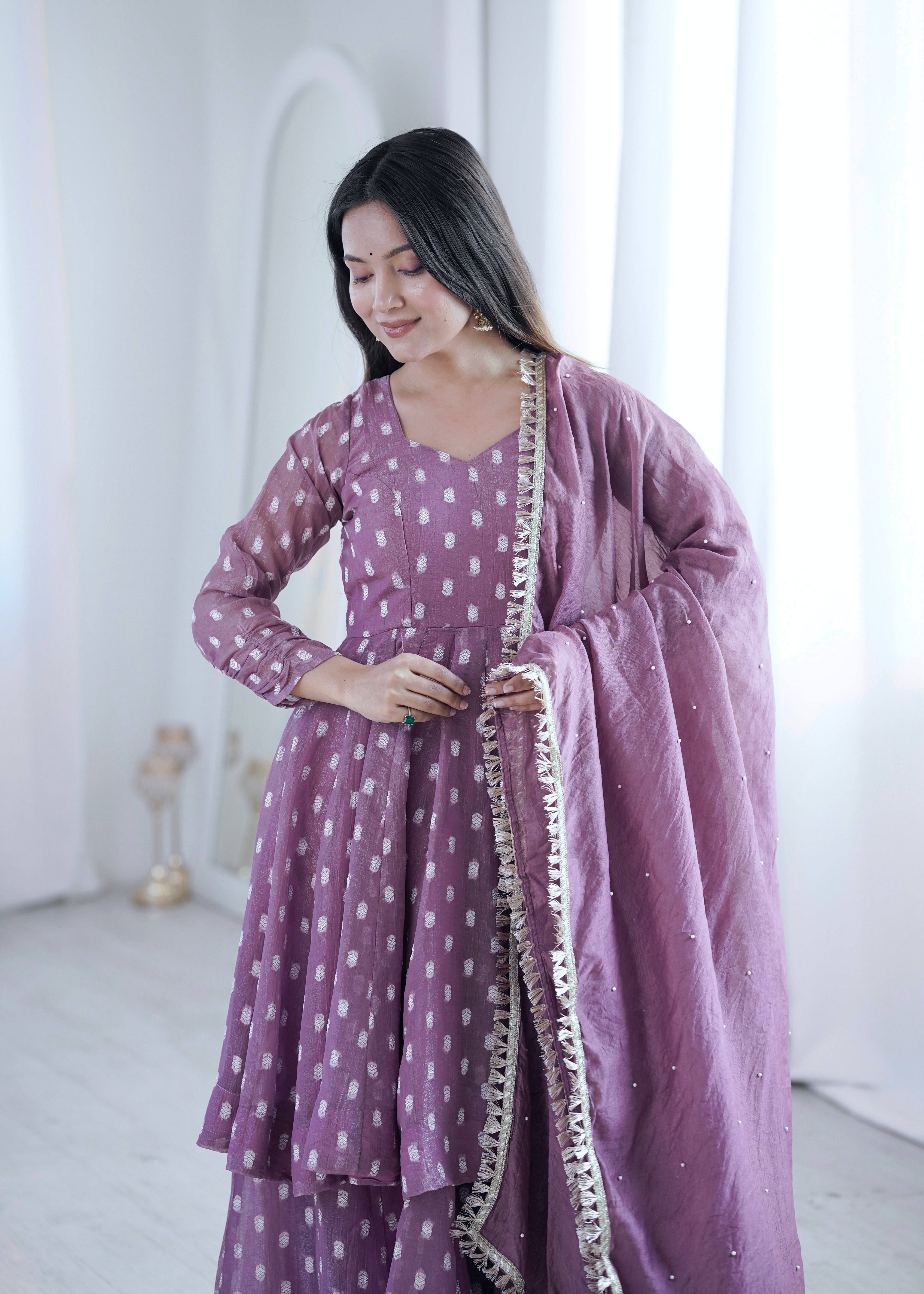 Pink Jacquard Butti Sharara Suit Set with Lace Border Dupatta