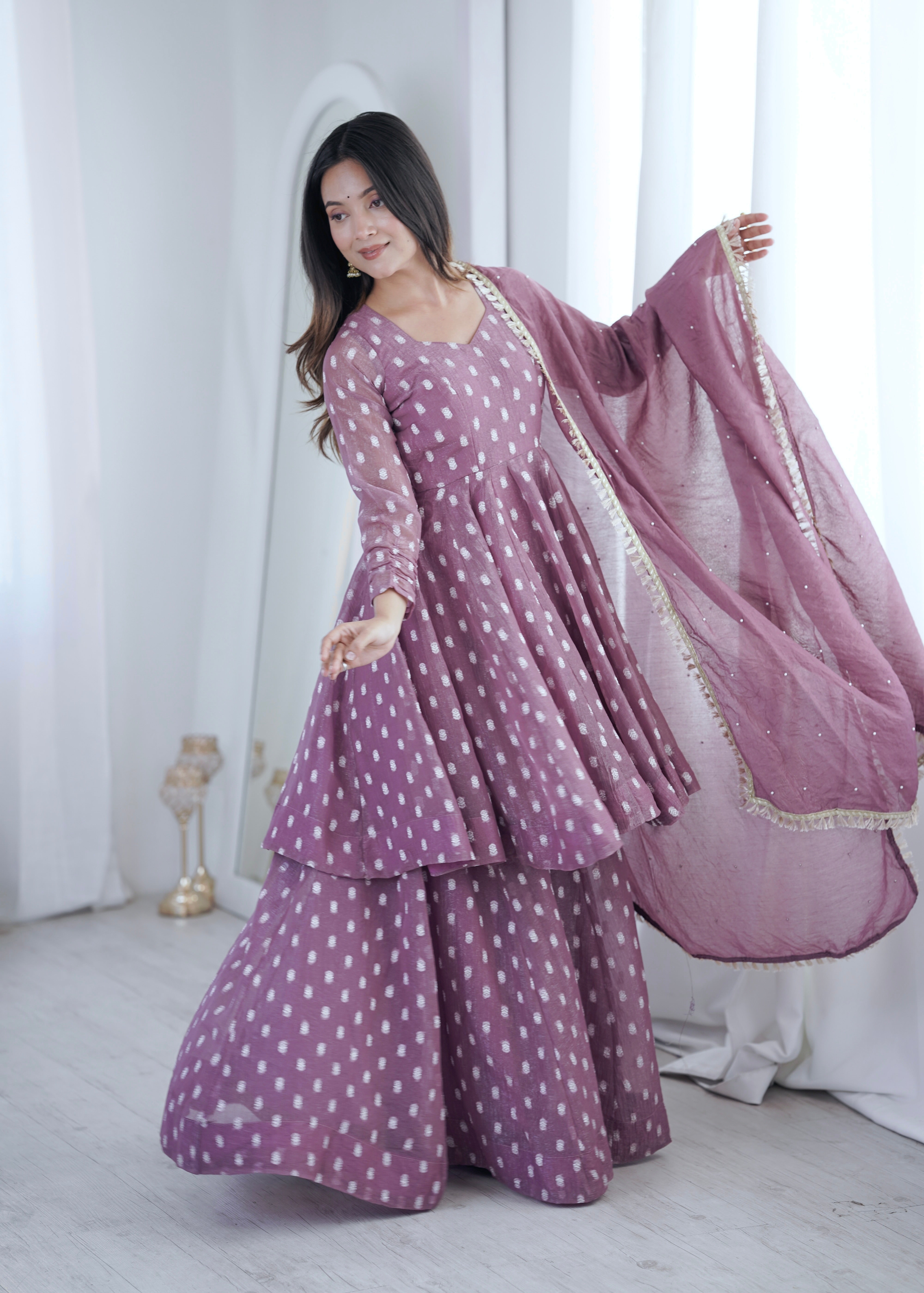 Pink Jacquard Butti Sharara Suit Set with Lace Border Dupatta