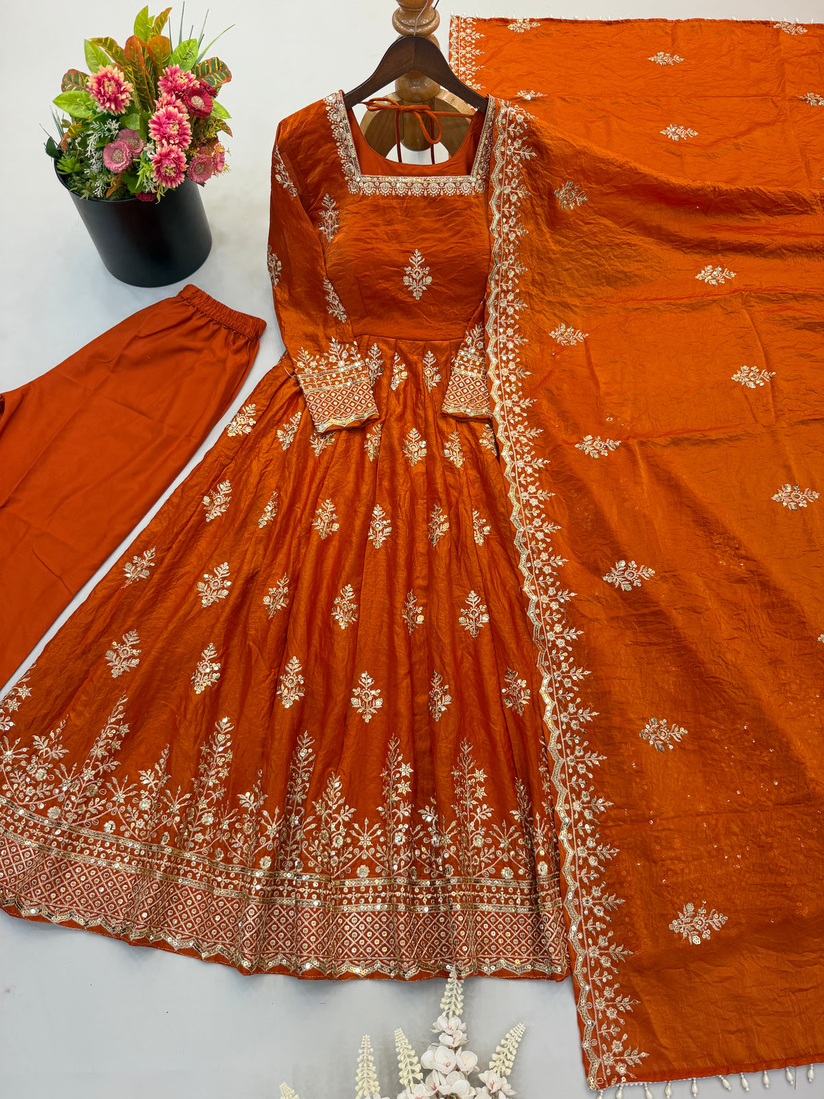 Rust Orange Fendy Silk Embroidered Anarkali Gown Set with Dupatta
