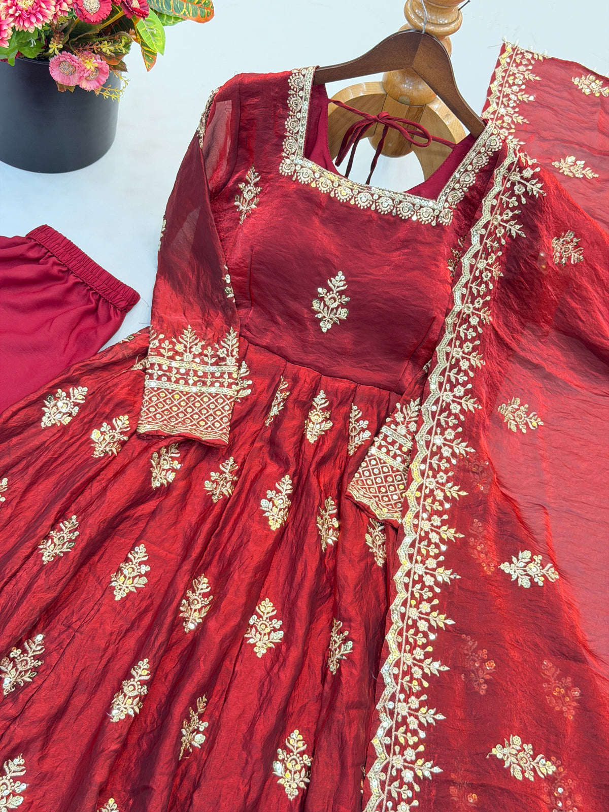 Wine Maroon Fendy Silk Embroidered Anarkali Gown Set with Dupatta