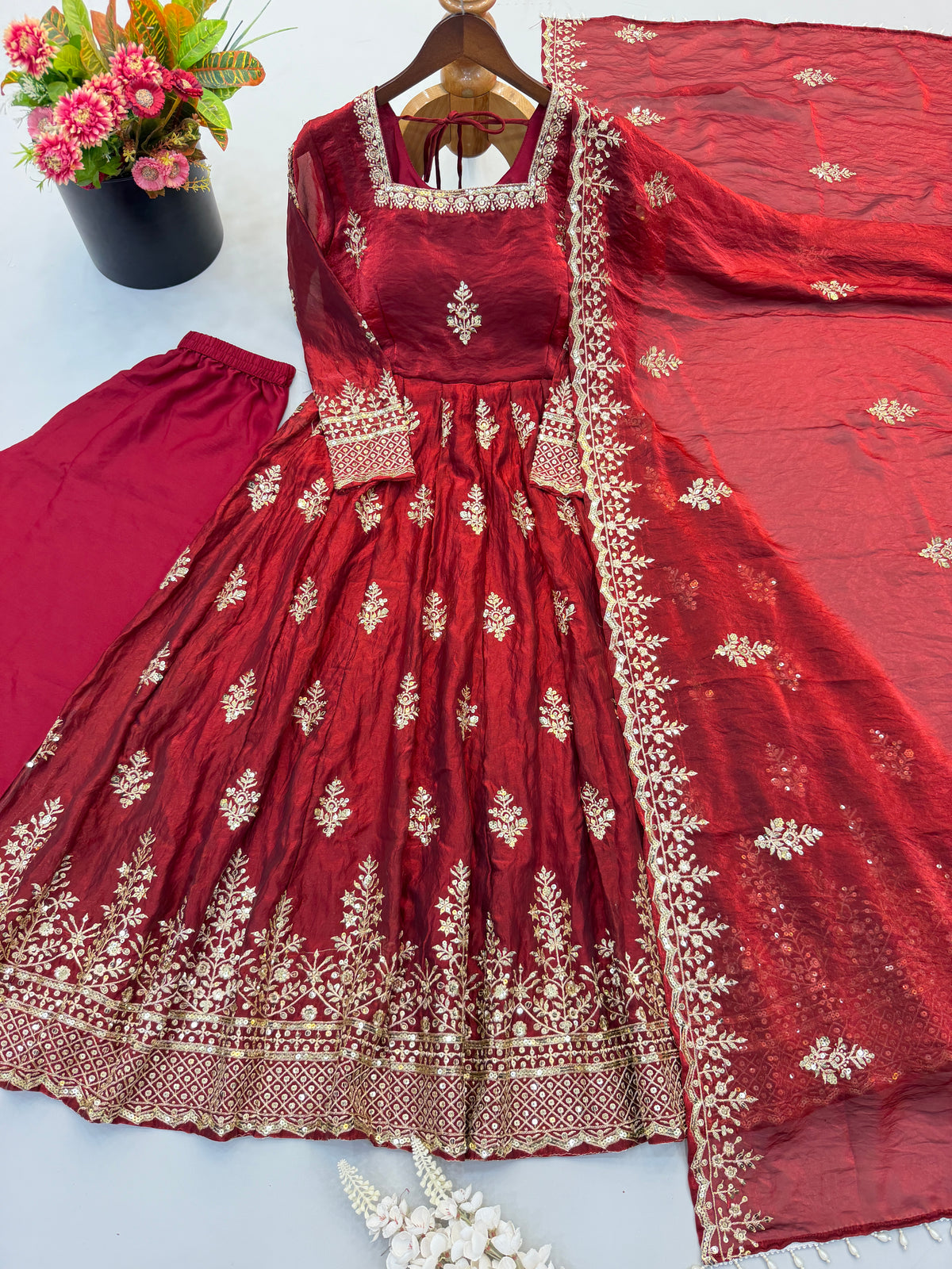Wine Maroon Fendy Silk Embroidered Anarkali Gown Set with Dupatta