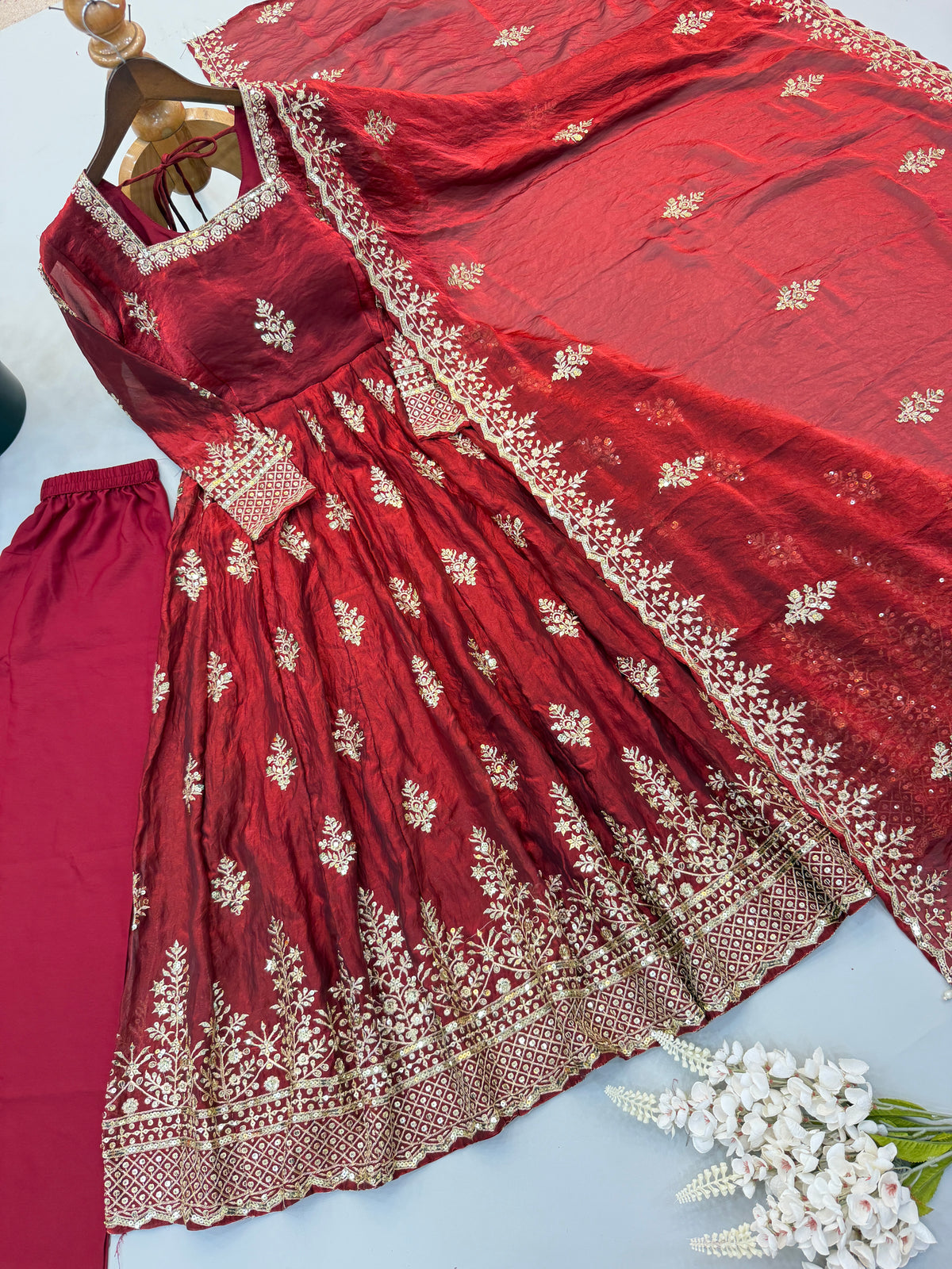 Wine Maroon Fendy Silk Embroidered Anarkali Gown Set with Dupatta