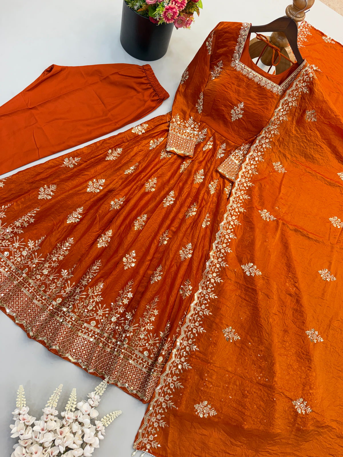 Rust Orange Fendy Silk Embroidered Anarkali Gown Set with Dupatta