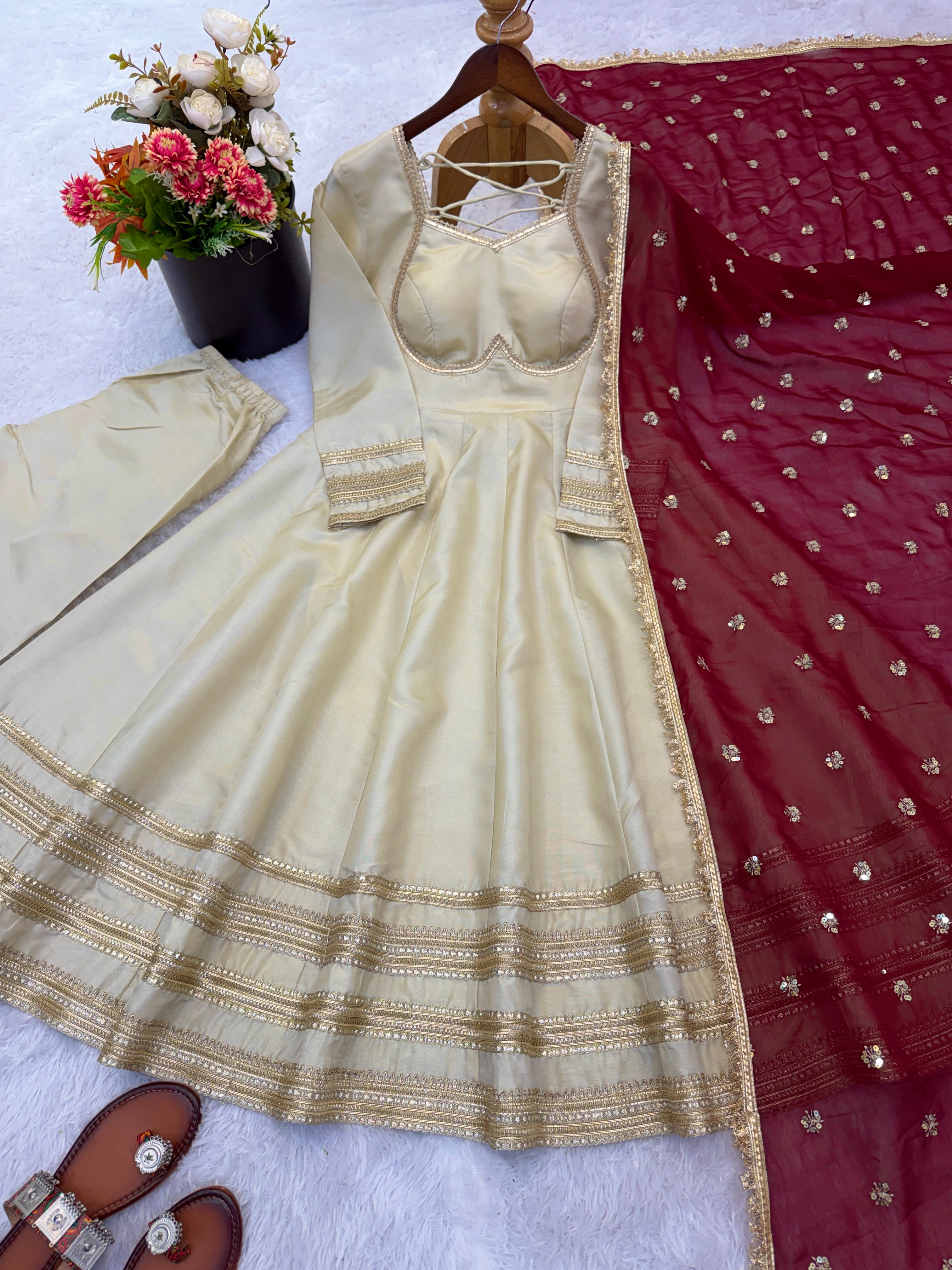 Ivory Cream Cosmos Gold Anarkali Suit Set with Heavy Lace Work & Wine Georgette Dupatta | Ready to Wear