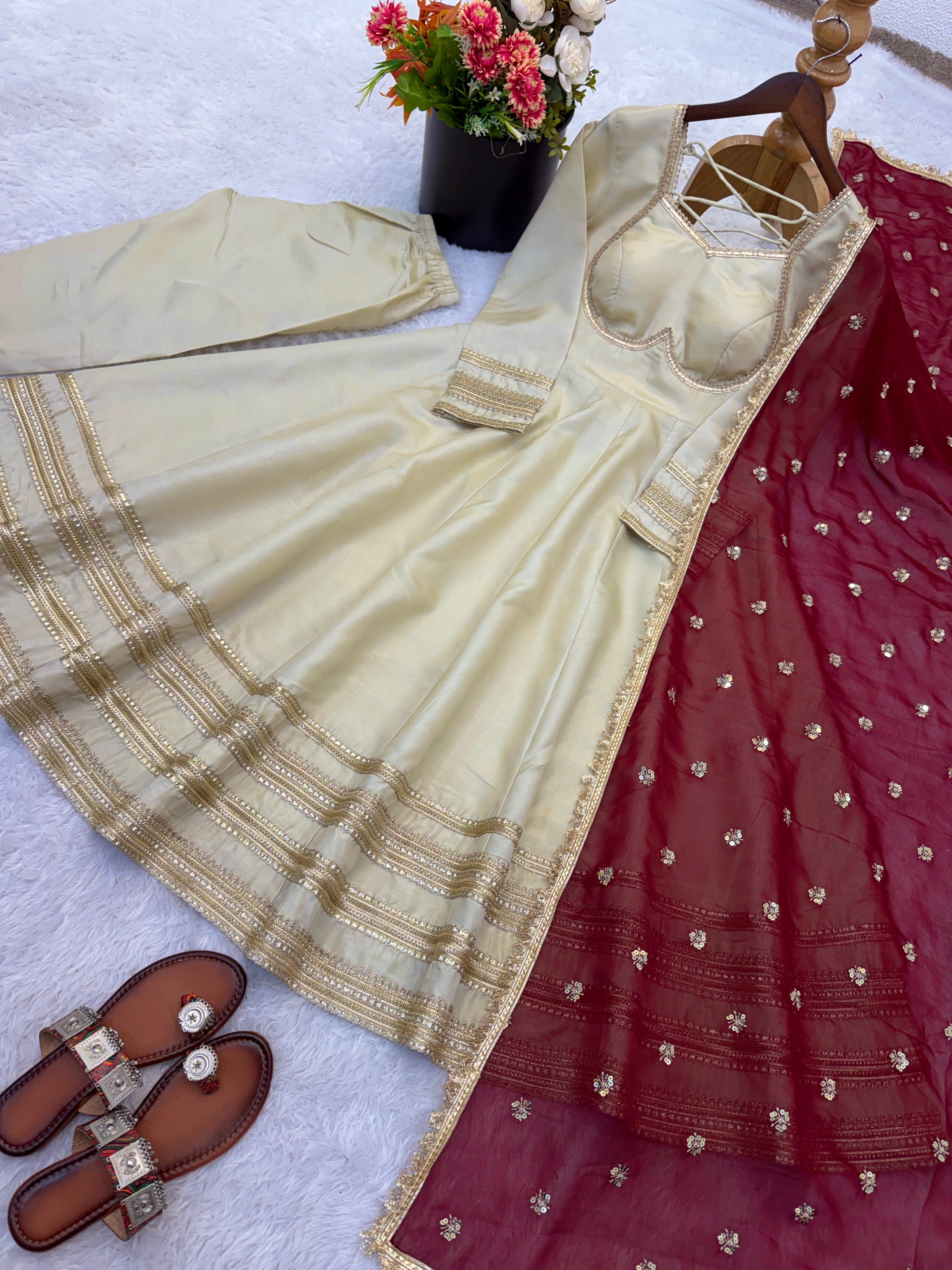 Ivory Cream Cosmos Gold Anarkali Suit Set with Heavy Lace Work & Wine Georgette Dupatta | Ready to Wear