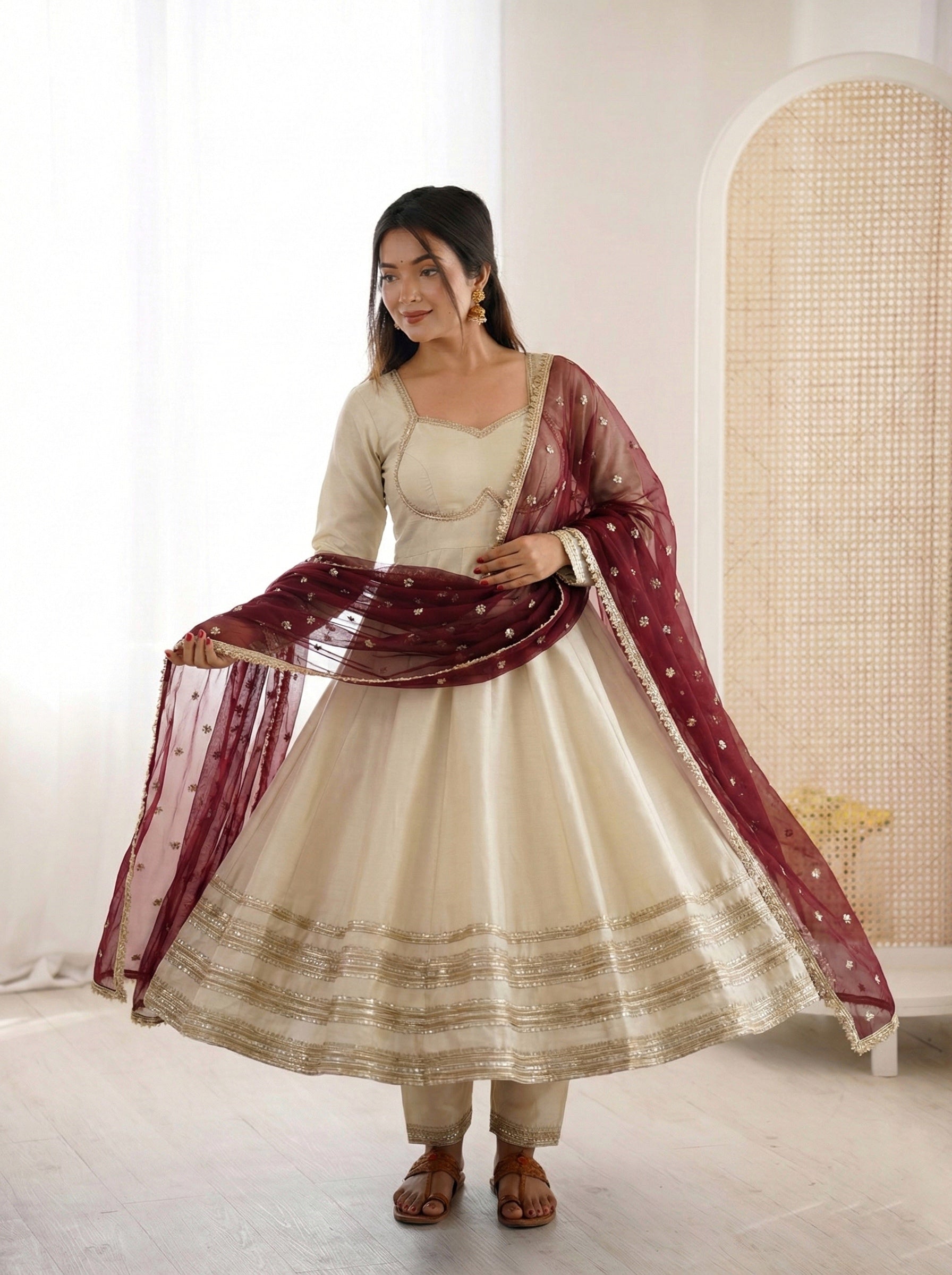 Ivory Cream Cosmos Gold Anarkali Suit Set with Heavy Lace Work & Wine Georgette Dupatta | Ready to Wear