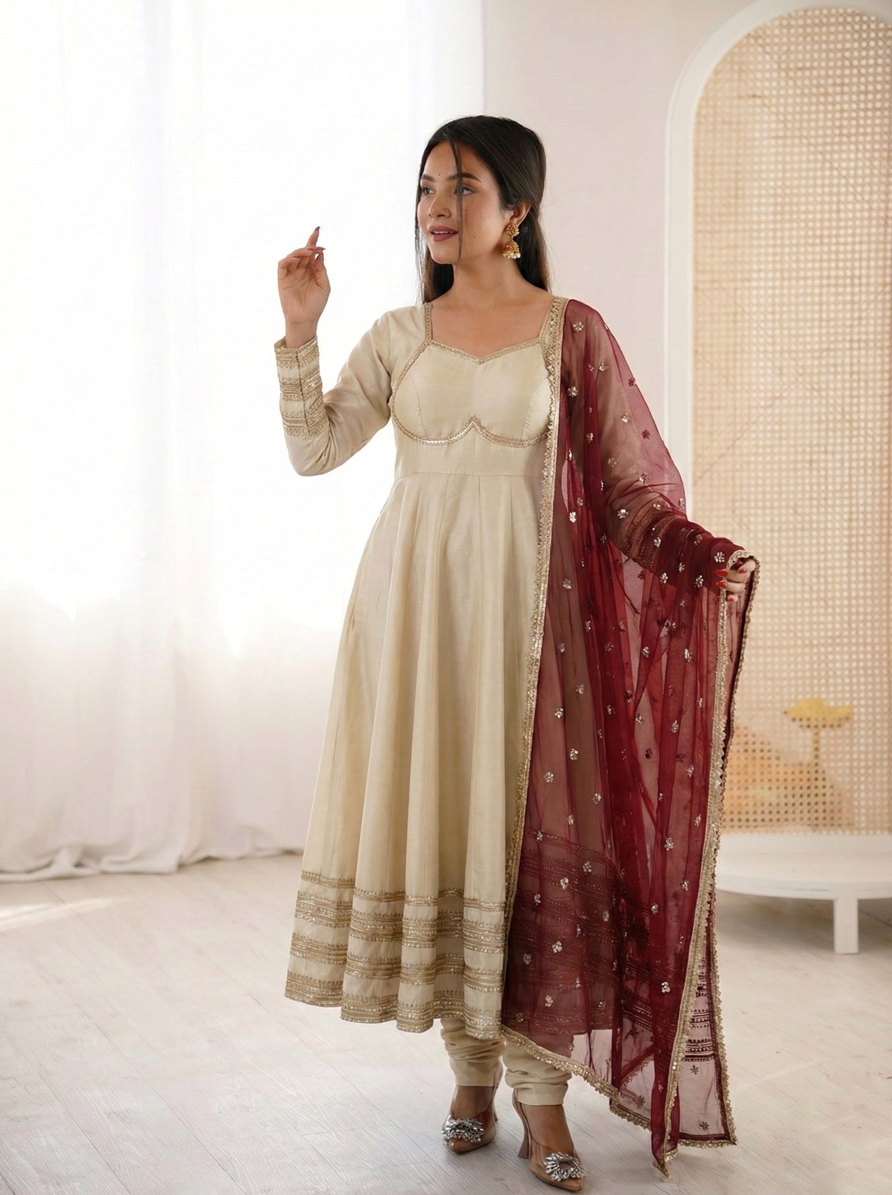 Ivory Cream Cosmos Gold Anarkali Suit Set with Heavy Lace Work & Wine Georgette Dupatta | Ready to Wear