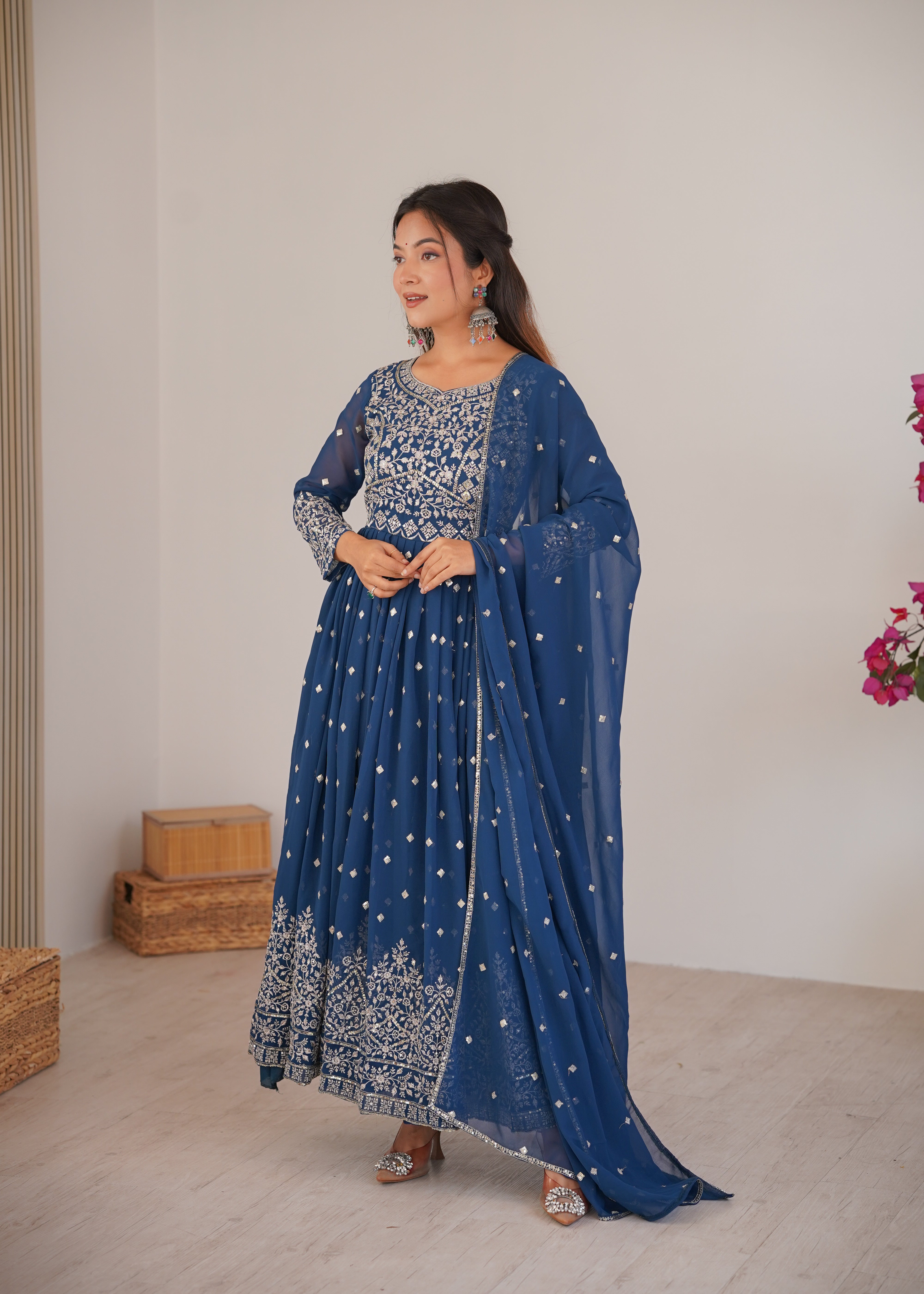 Navy Blue Designer Embroidered Anarkali Suit Set with Dupatta & Pant