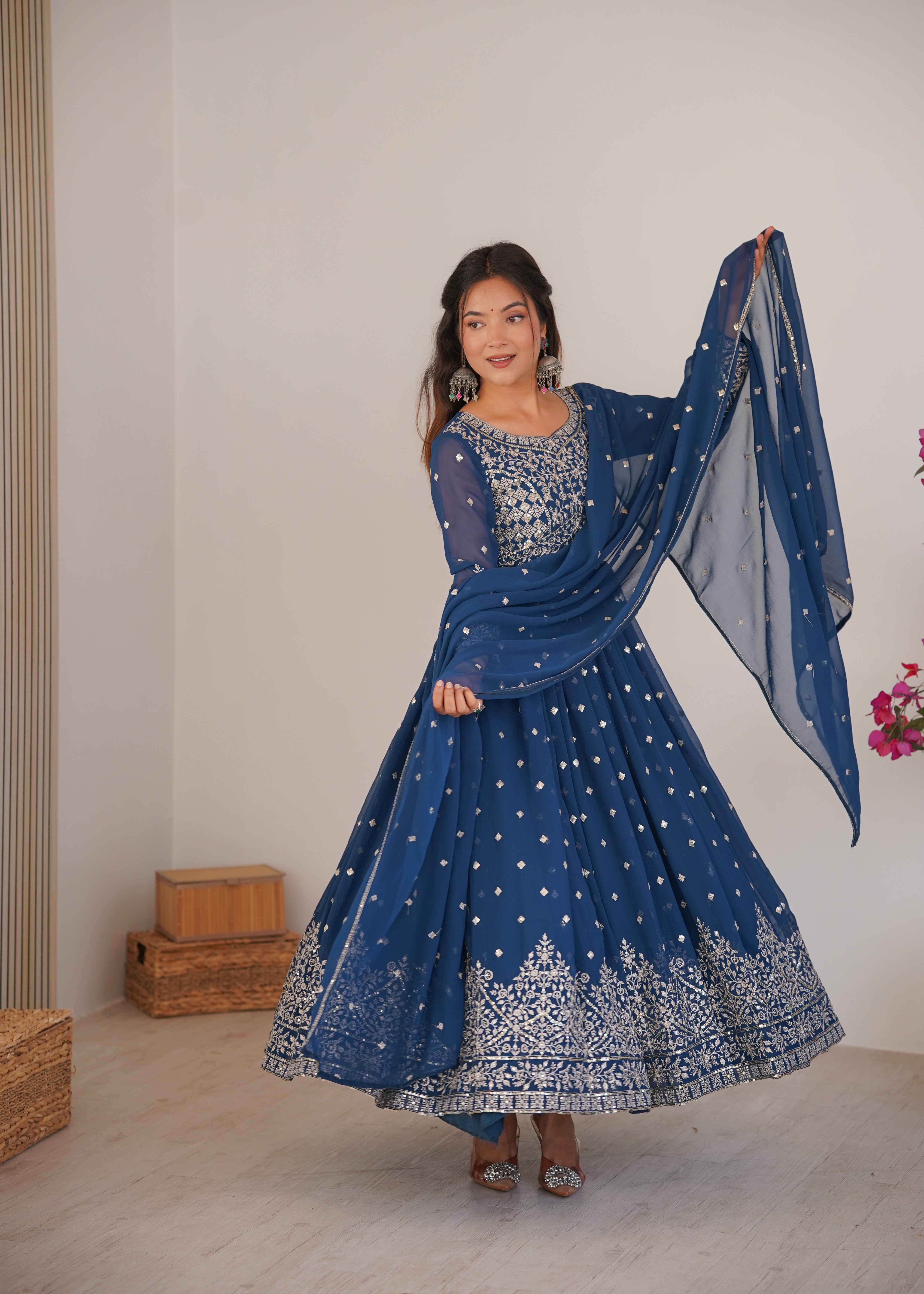 Navy Blue Designer Embroidered Anarkali Suit Set with Dupatta & Pant