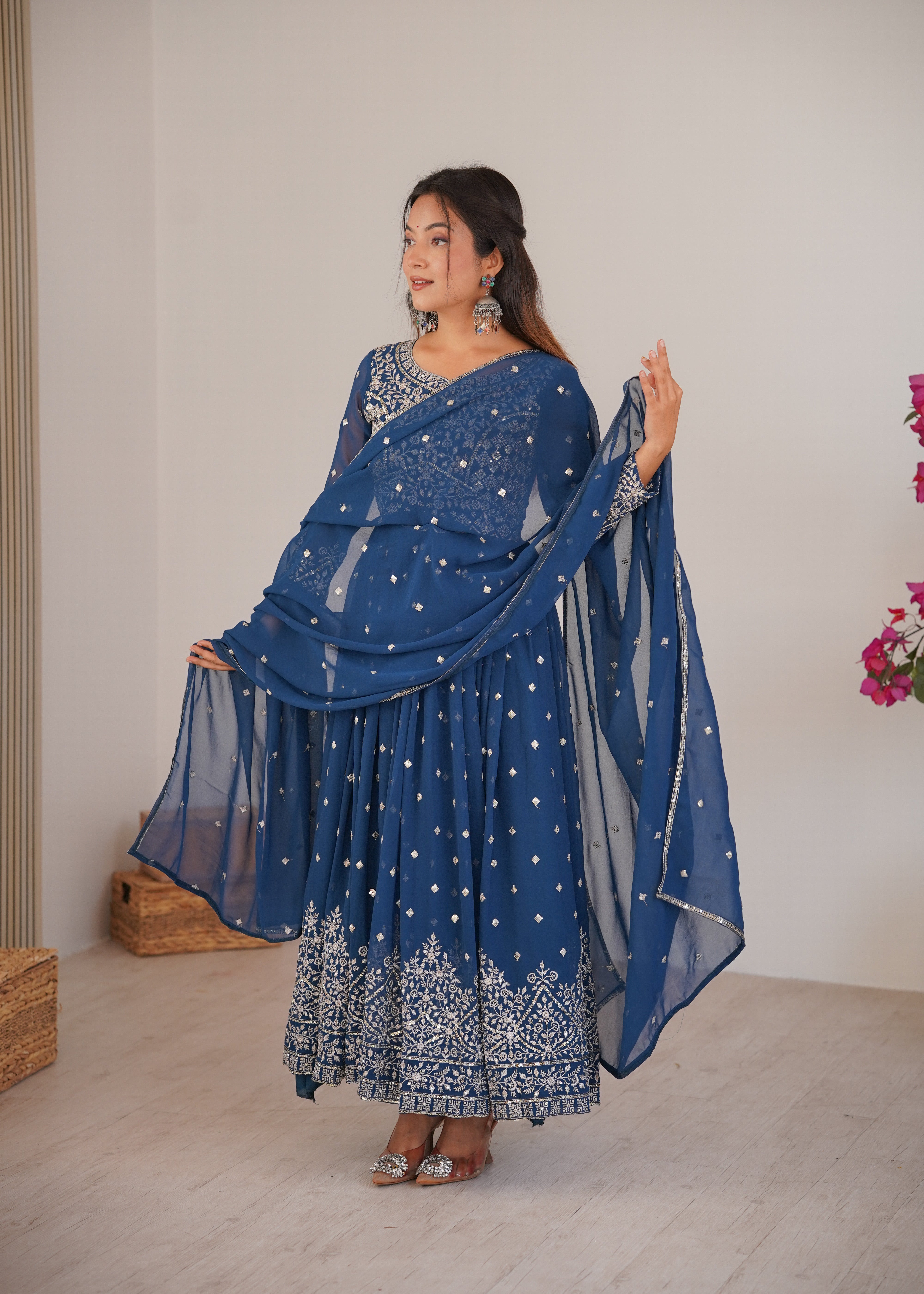 Navy Blue Designer Embroidered Anarkali Suit Set with Dupatta & Pant