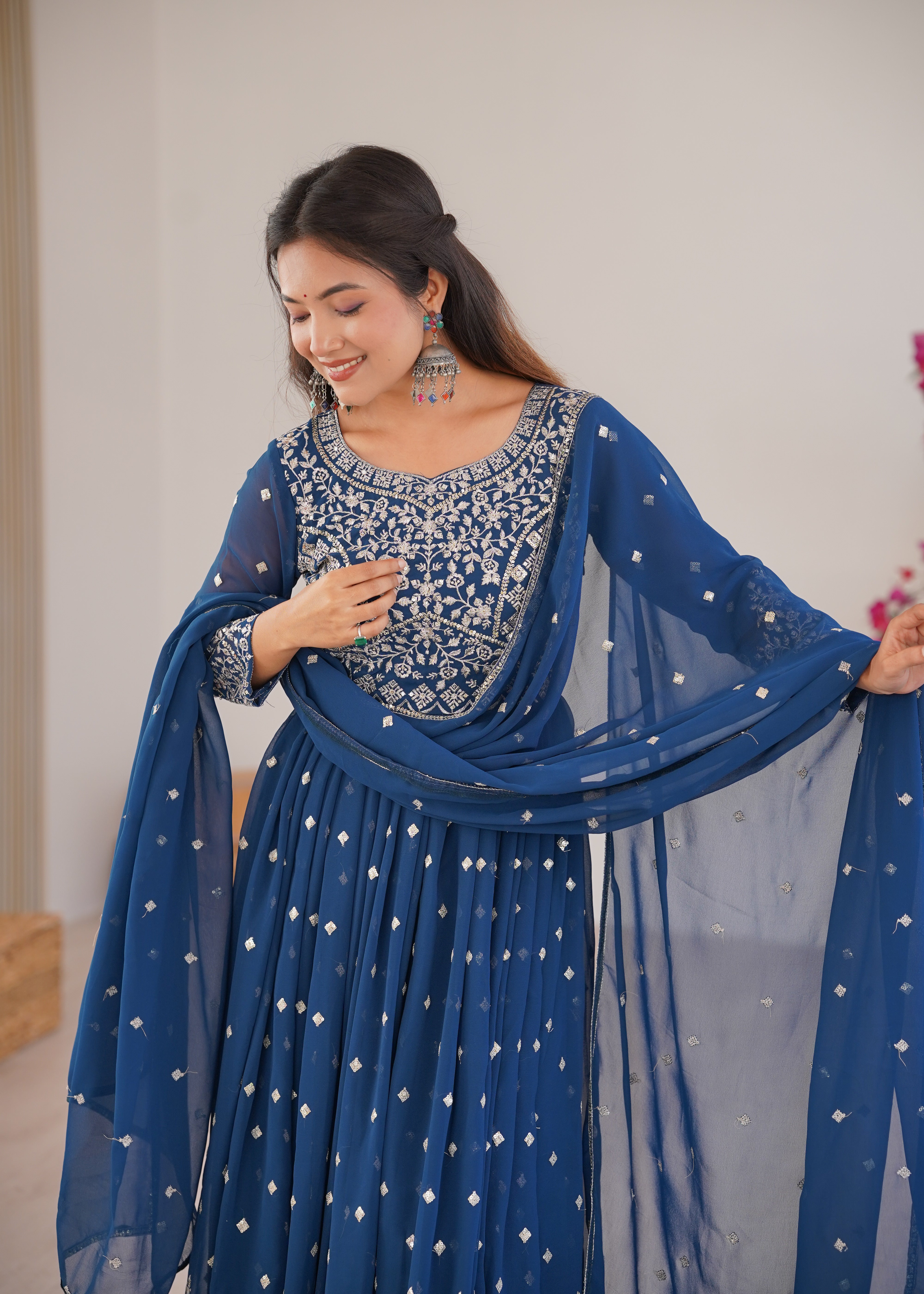 Navy Blue Designer Embroidered Anarkali Suit Set with Dupatta & Pant