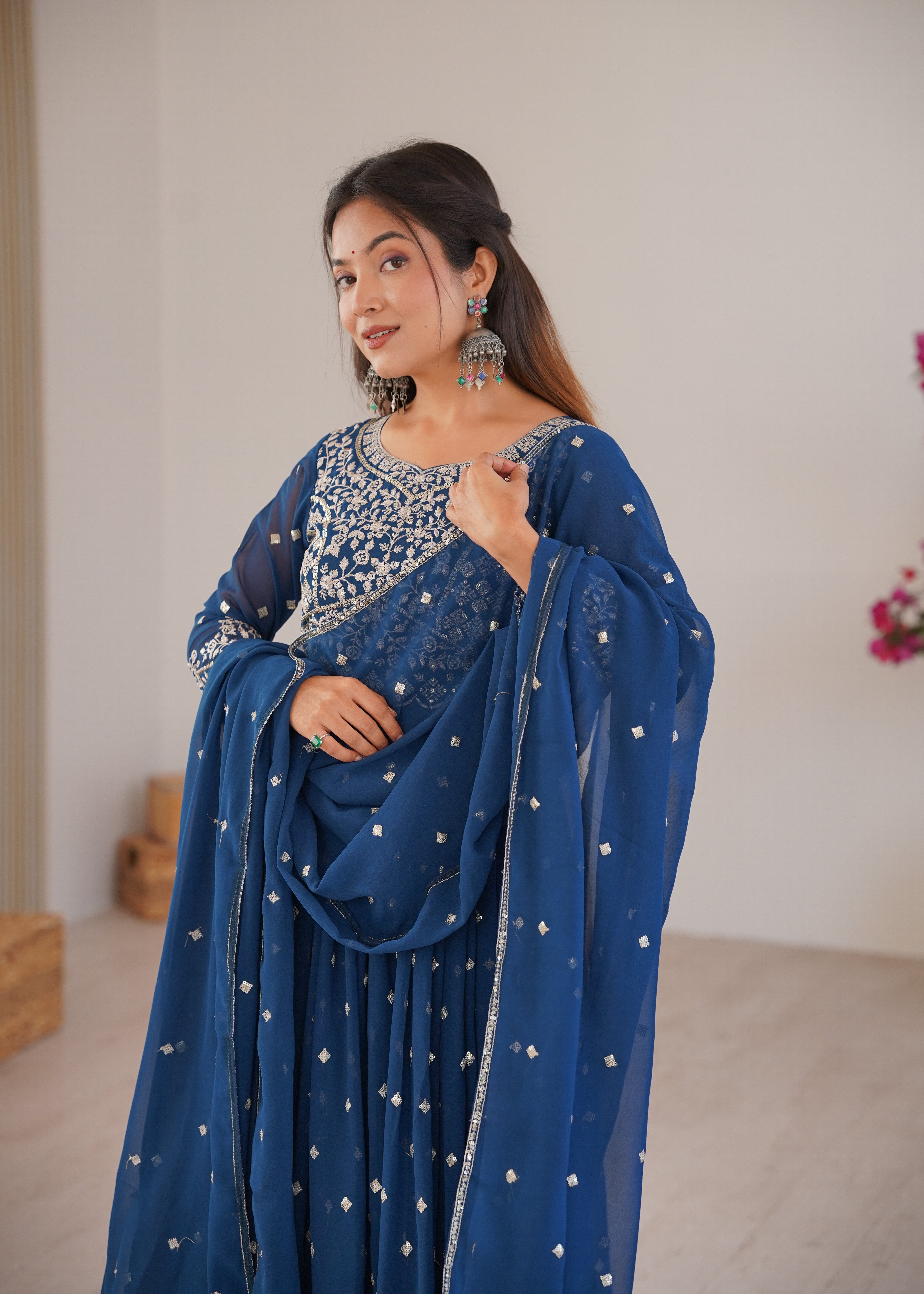 Navy Blue Designer Embroidered Anarkali Suit Set with Dupatta & Pant