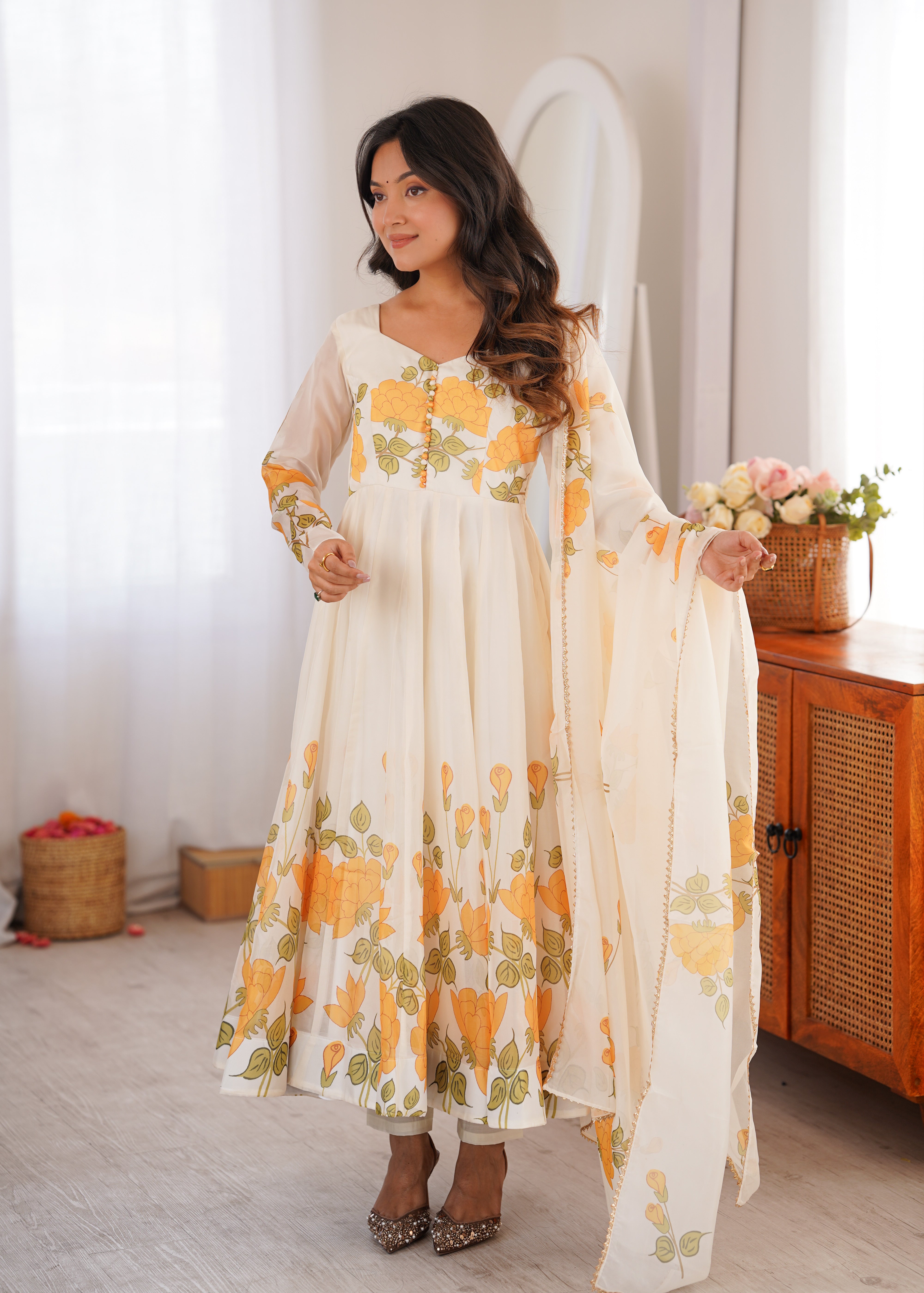 Ivory Floral Elegance Printed Organza Silk Anarkali Suit Set with Dupatta | NARDEV FASHION | Festive , Wedding Guest Outfit