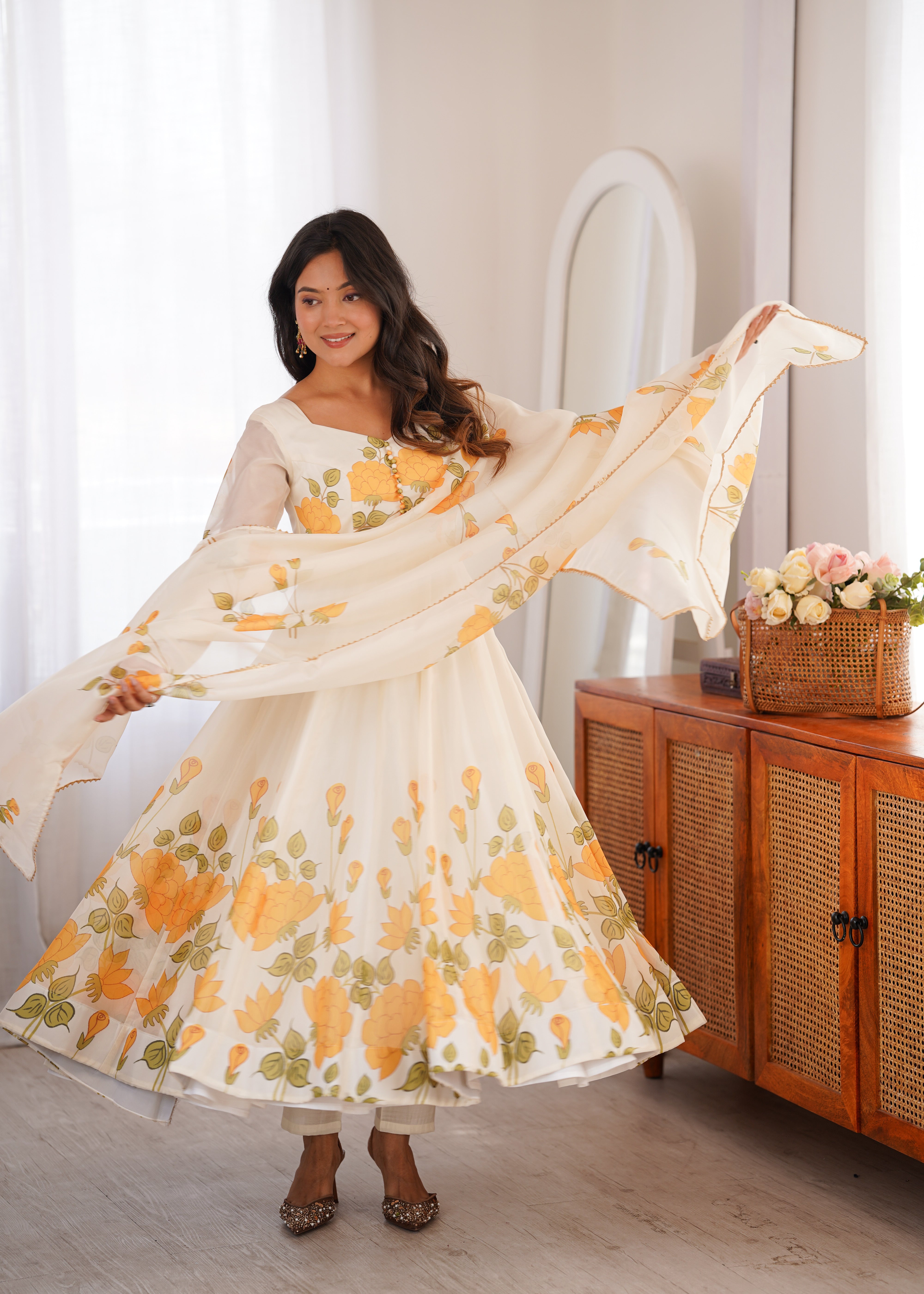 Ivory Floral Elegance Printed Organza Silk Anarkali Suit Set with Dupatta | NARDEV FASHION | Festive , Wedding Guest Outfit