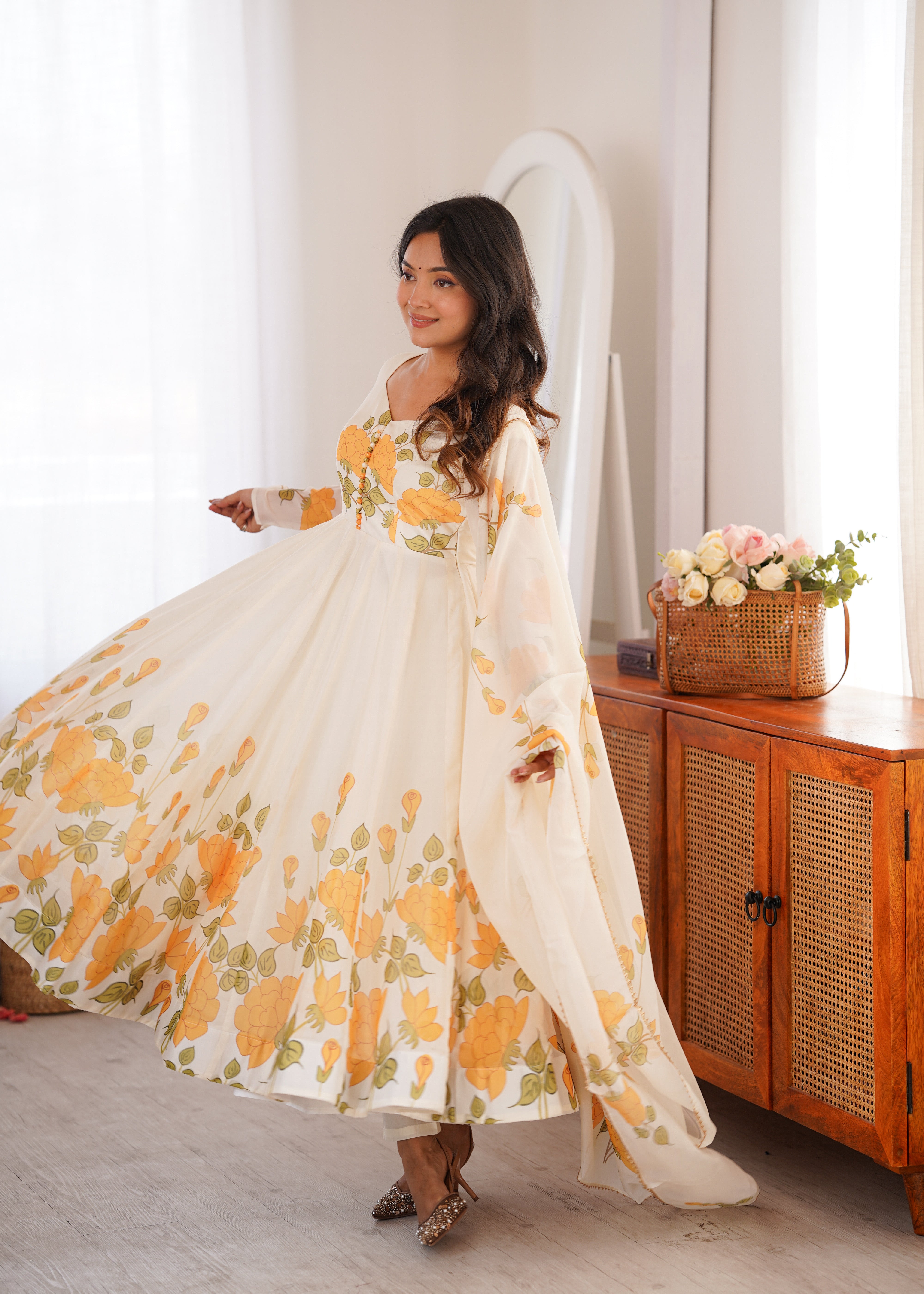 Ivory Floral Elegance Printed Organza Silk Anarkali Suit Set with Dupatta | NARDEV FASHION | Festive , Wedding Guest Outfit