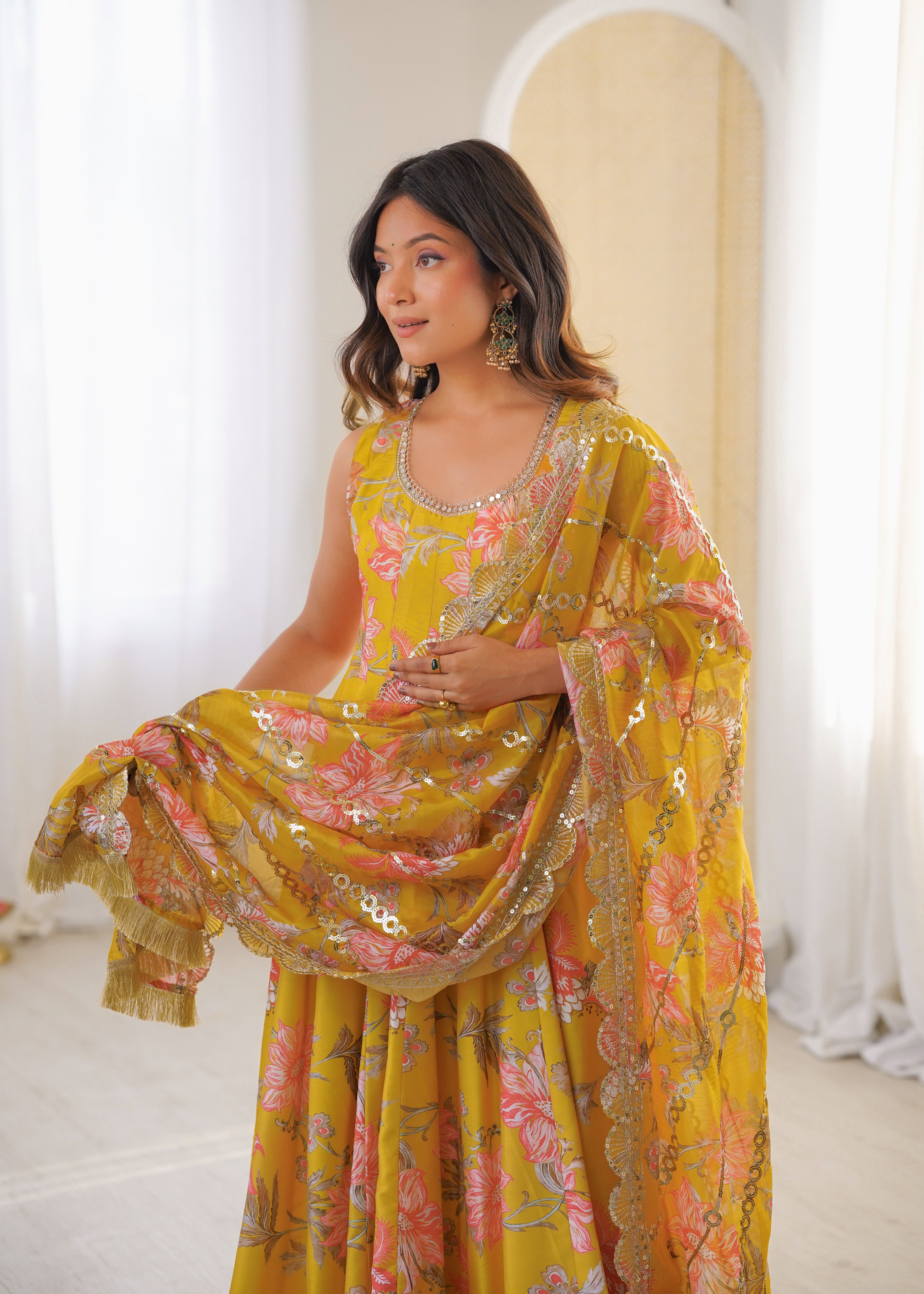 Yellow Floral Print Kali Cut Anarkali Suit with Organza Dupatta & Pant Set for Women