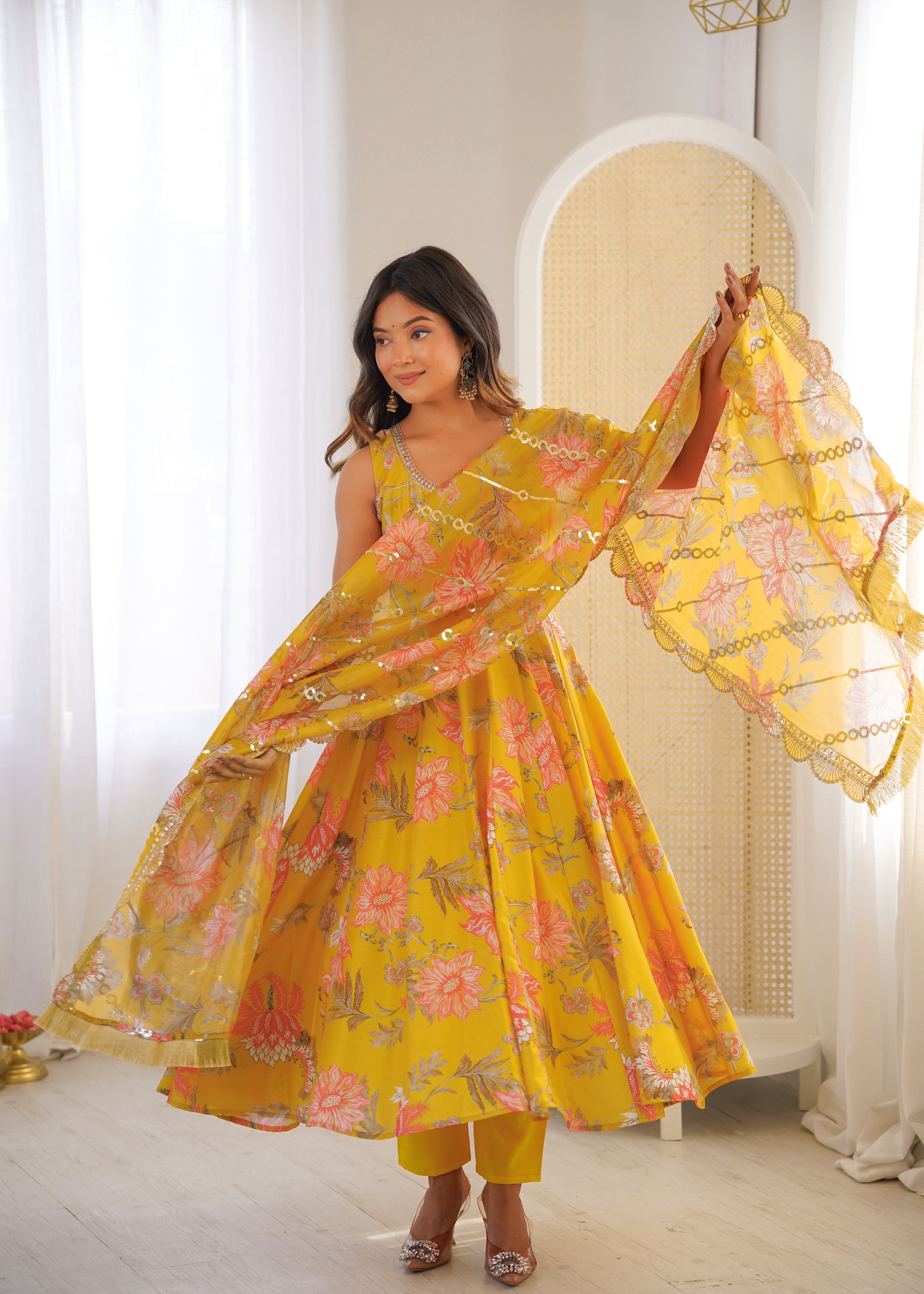 Yellow Floral Print Kali Cut Anarkali Suit with Organza Dupatta & Pant Set for Women