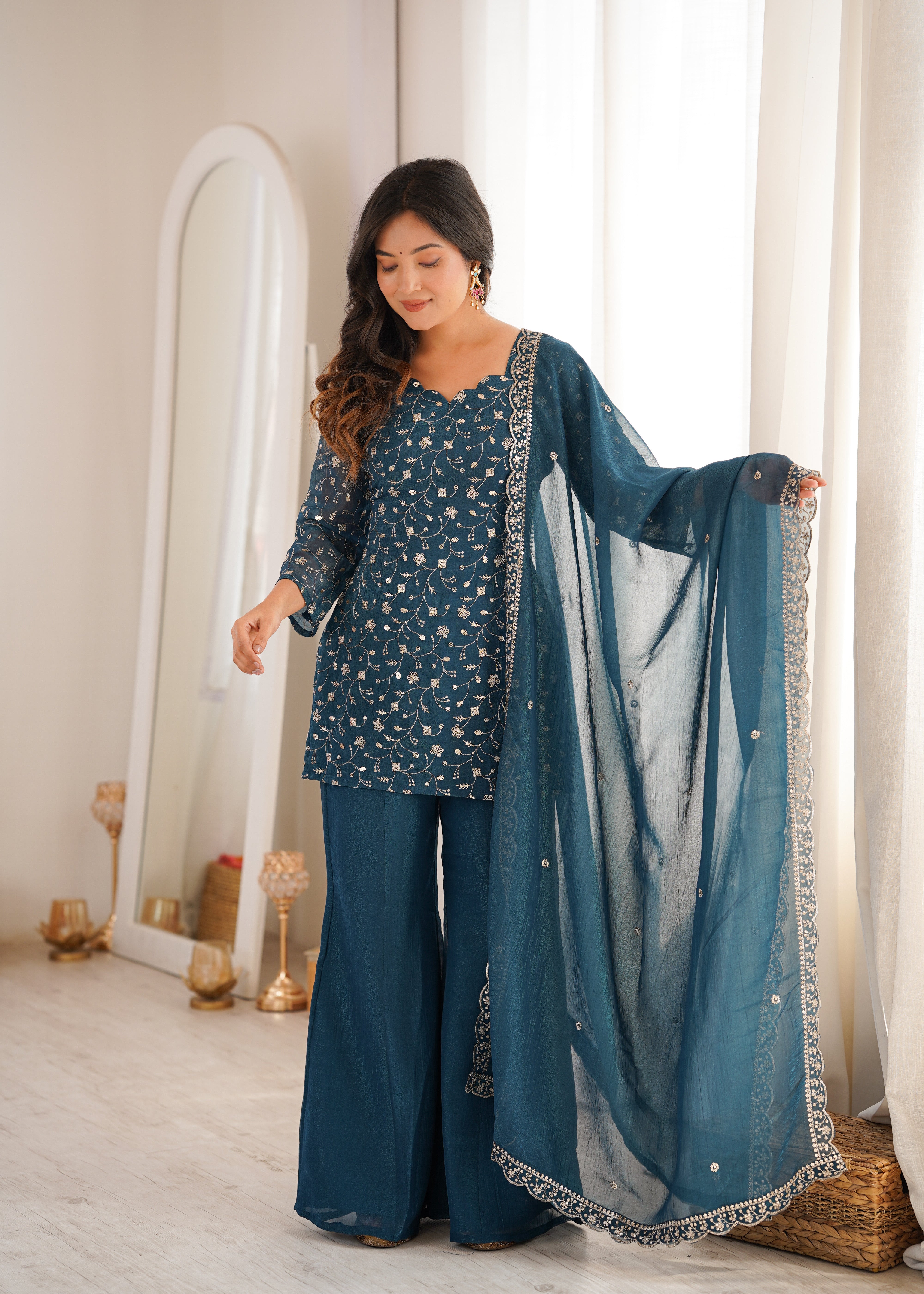 Tealblue Embroidered Kurta Set with Bell Bottom Pant & Dupatta