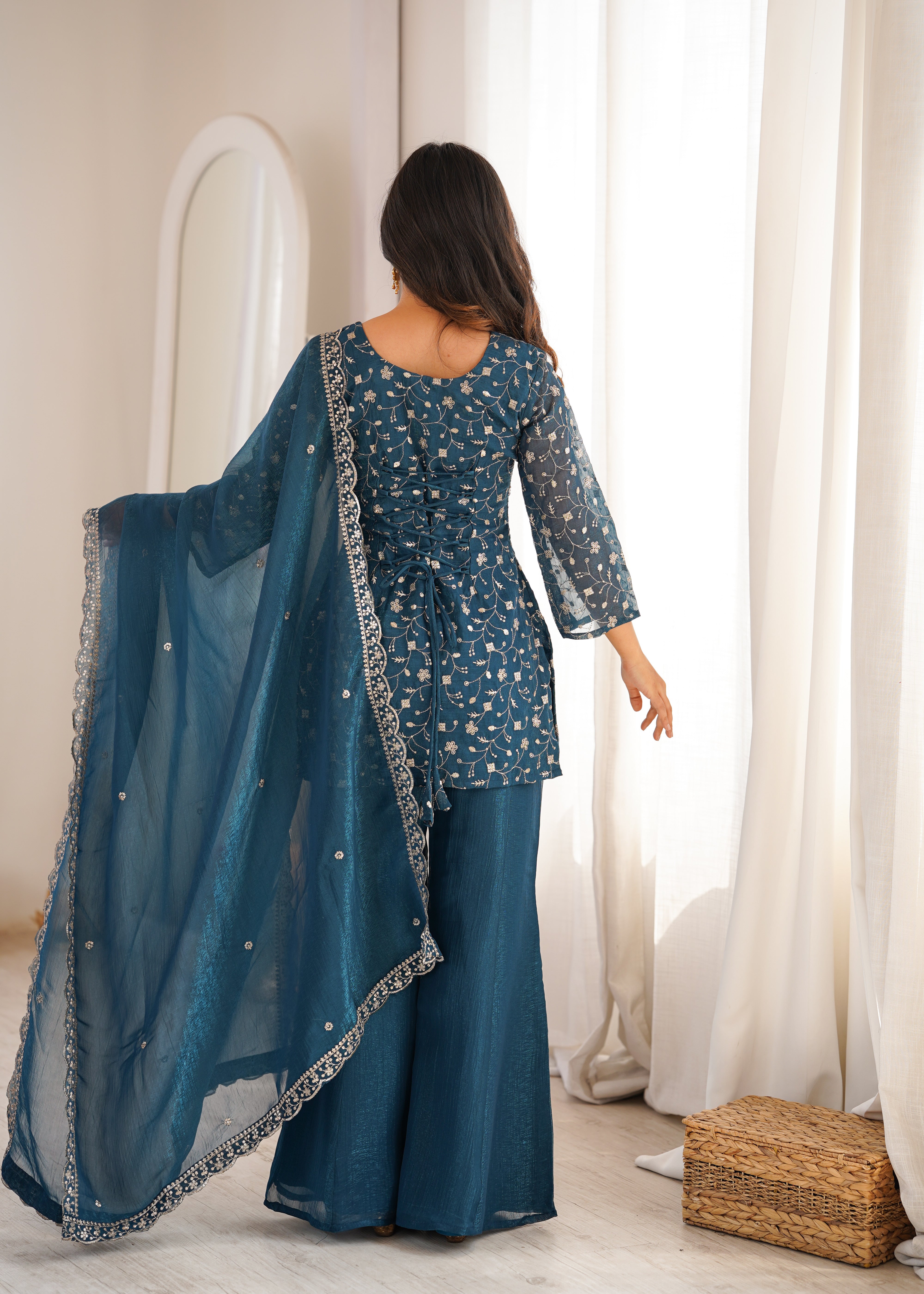 Tealblue Embroidered Kurta Set with Bell Bottom Pant & Dupatta
