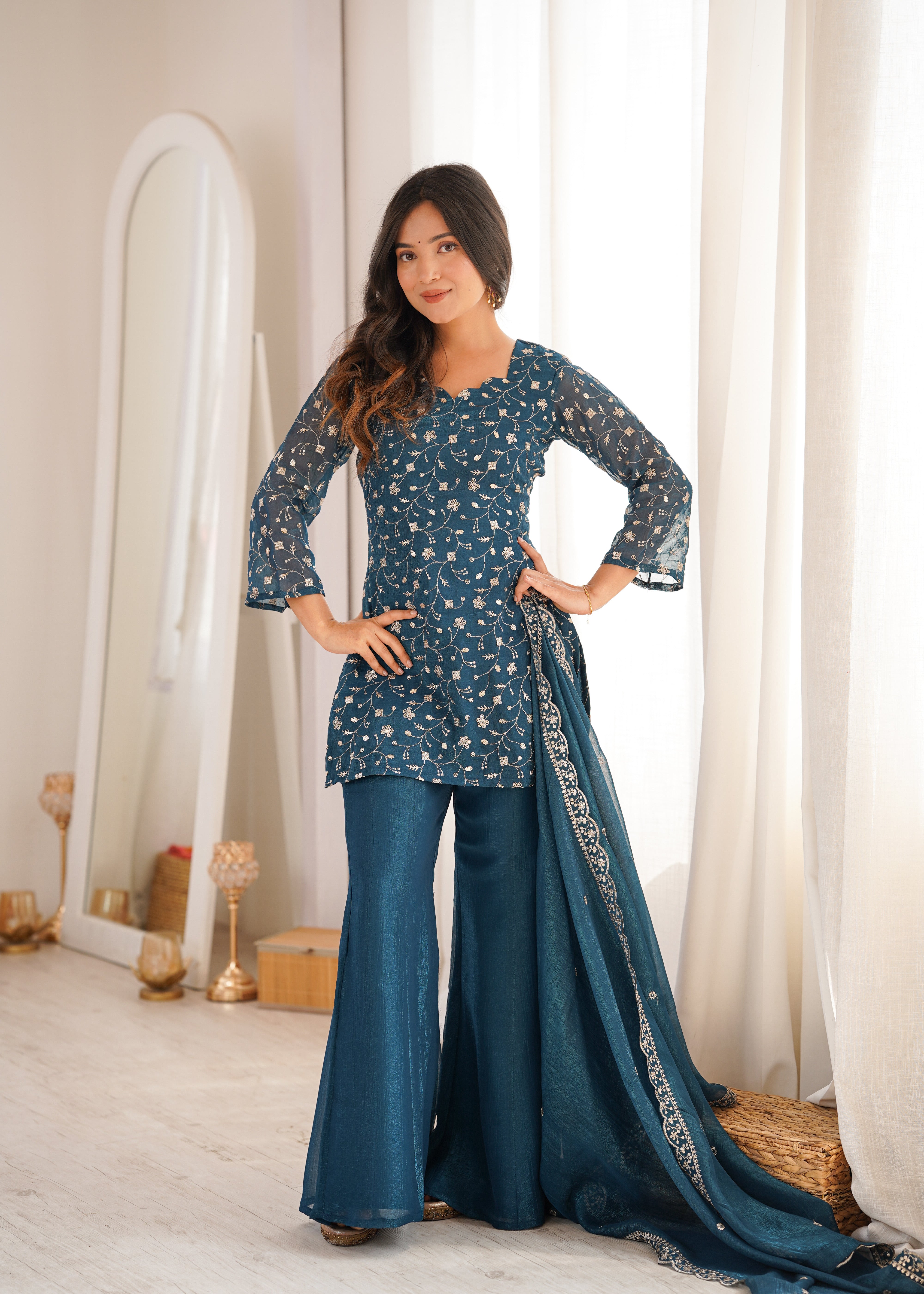 Tealblue Embroidered Kurta Set with Bell Bottom Pant & Dupatta