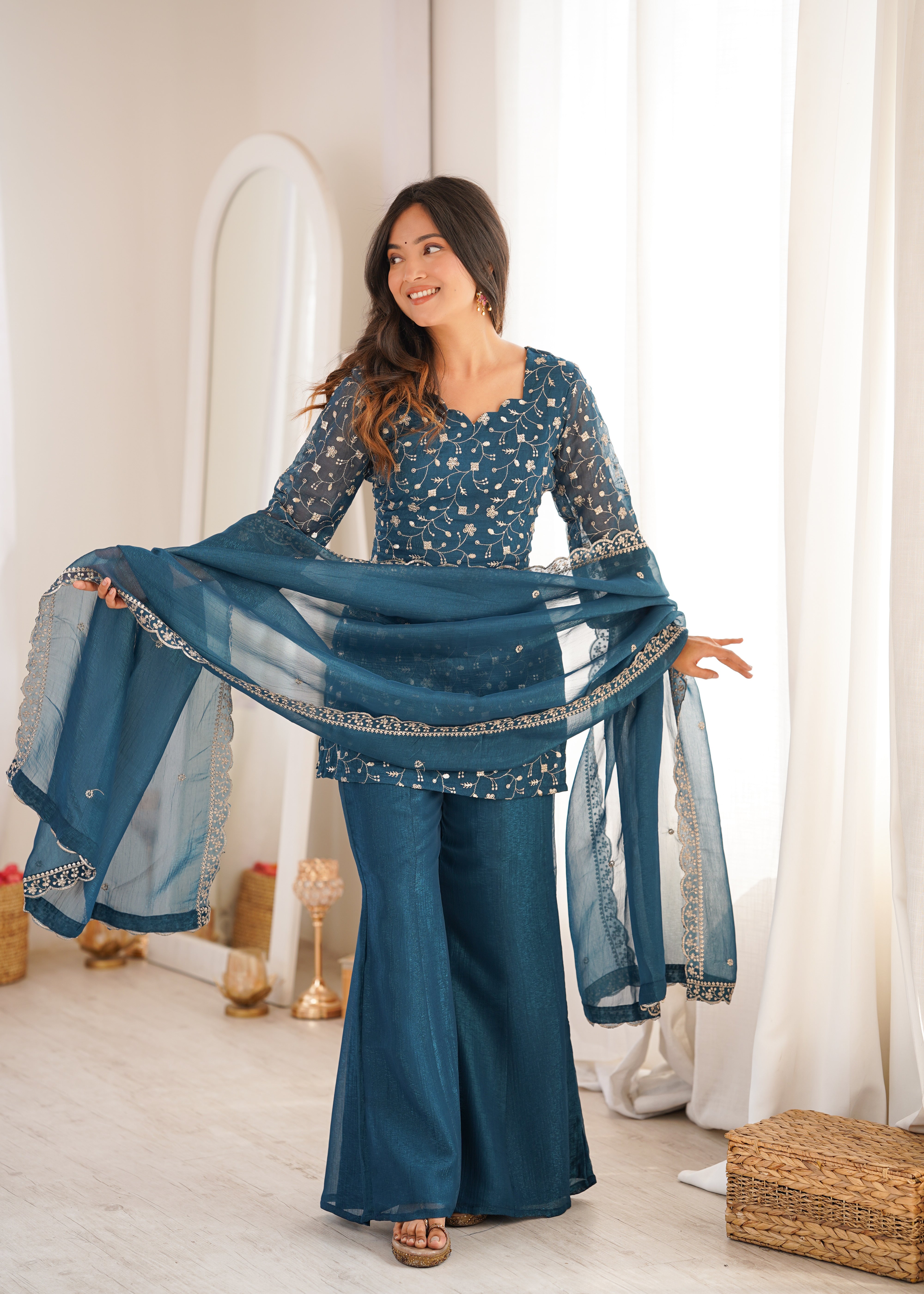 Tealblue Embroidered Kurta Set with Bell Bottom Pant & Dupatta