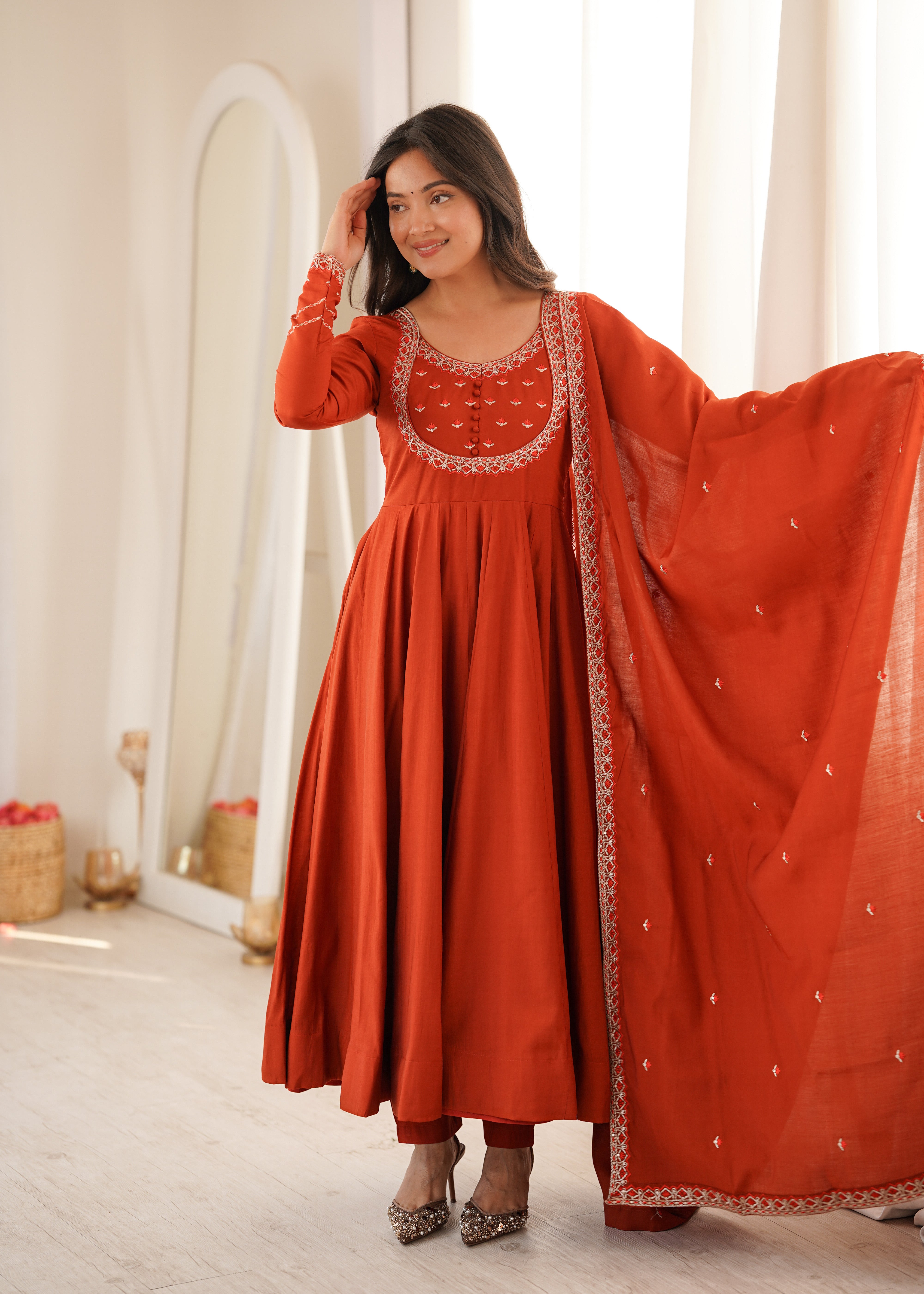 Rust Orange Pure Roman Chanderi Silk Anarkali Suit Set with Dupatta