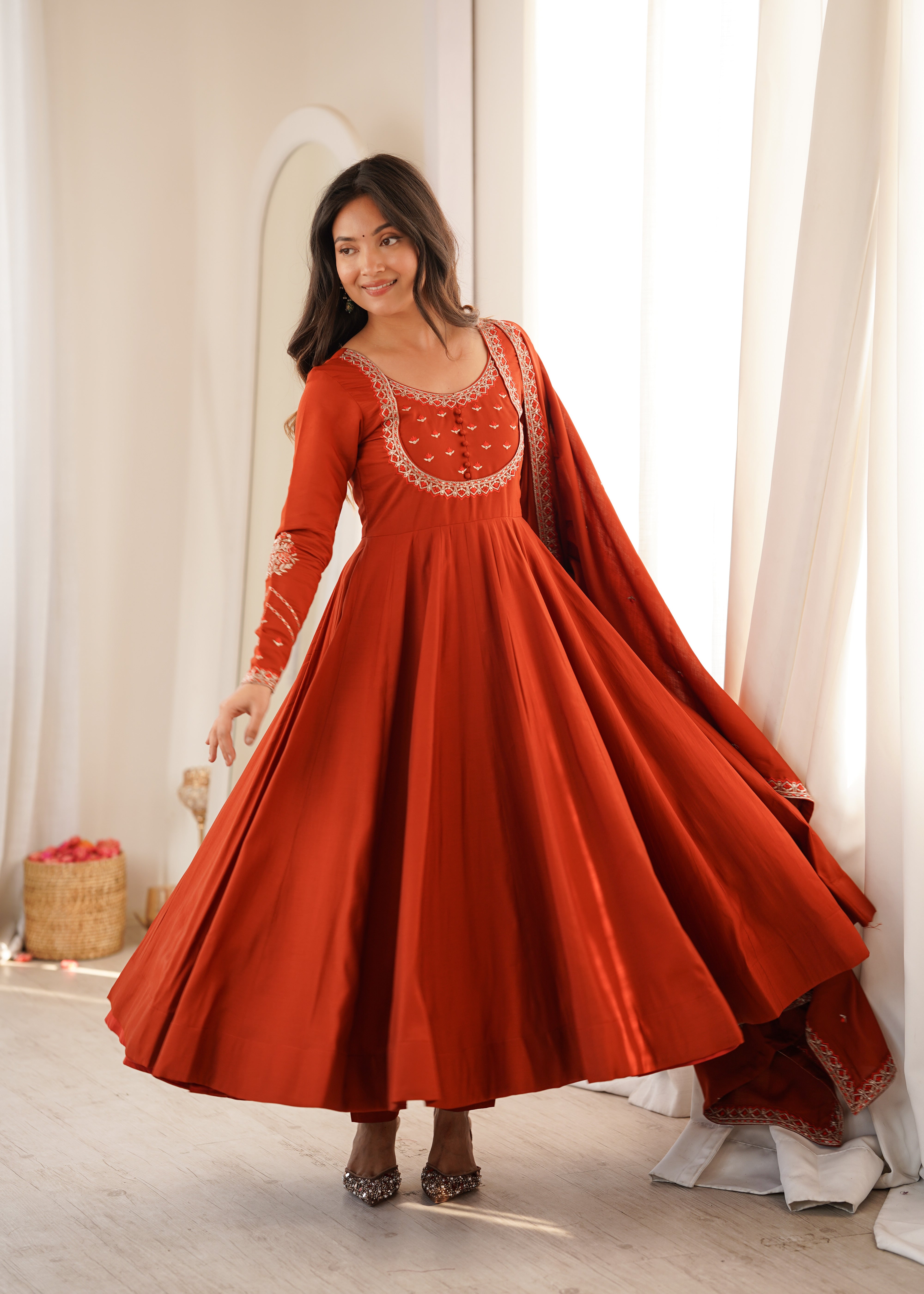 Rust Orange Pure Roman Chanderi Silk Anarkali Suit Set with Dupatta