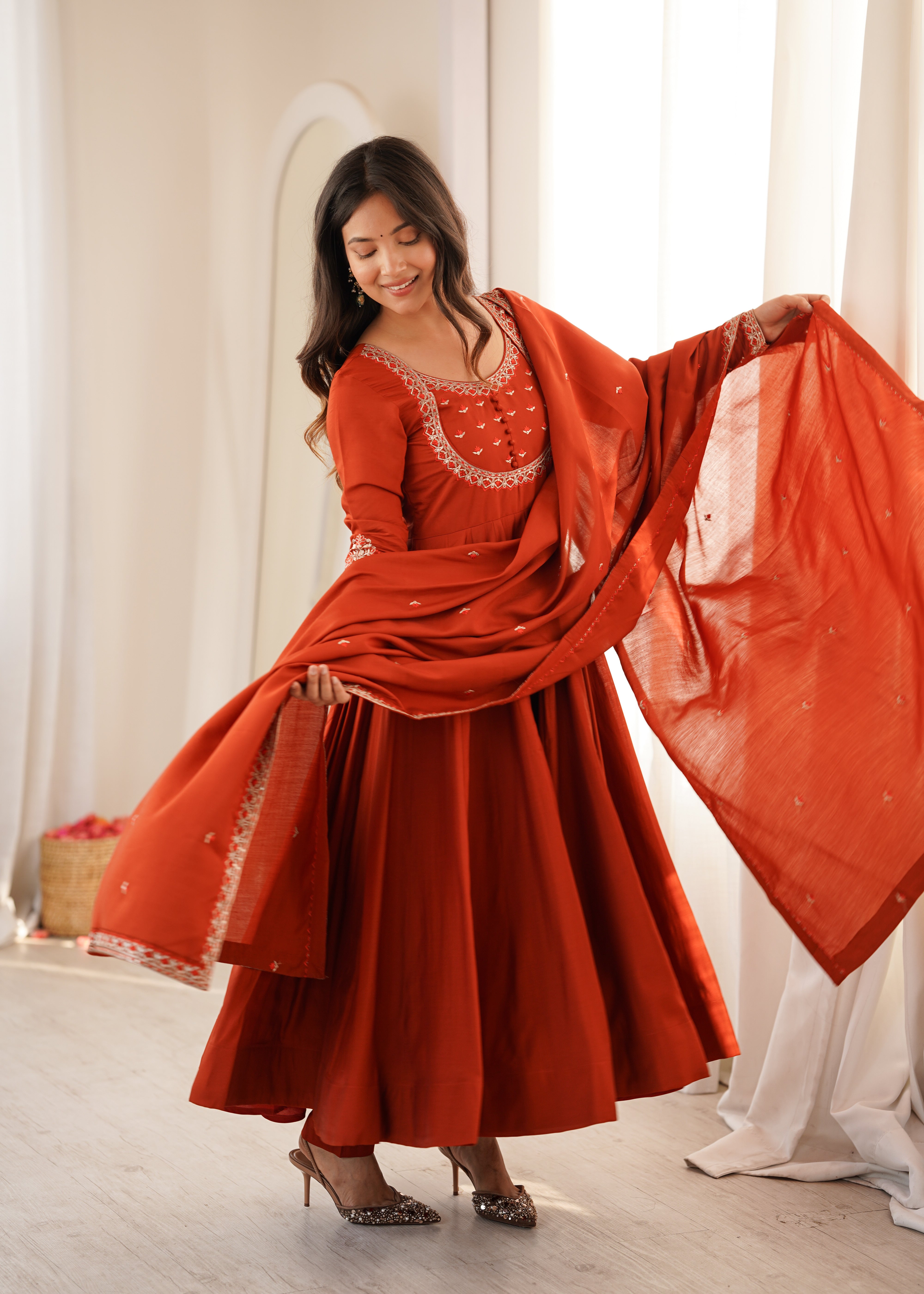 Rust Orange Pure Roman Chanderi Silk Anarkali Suit Set with Dupatta