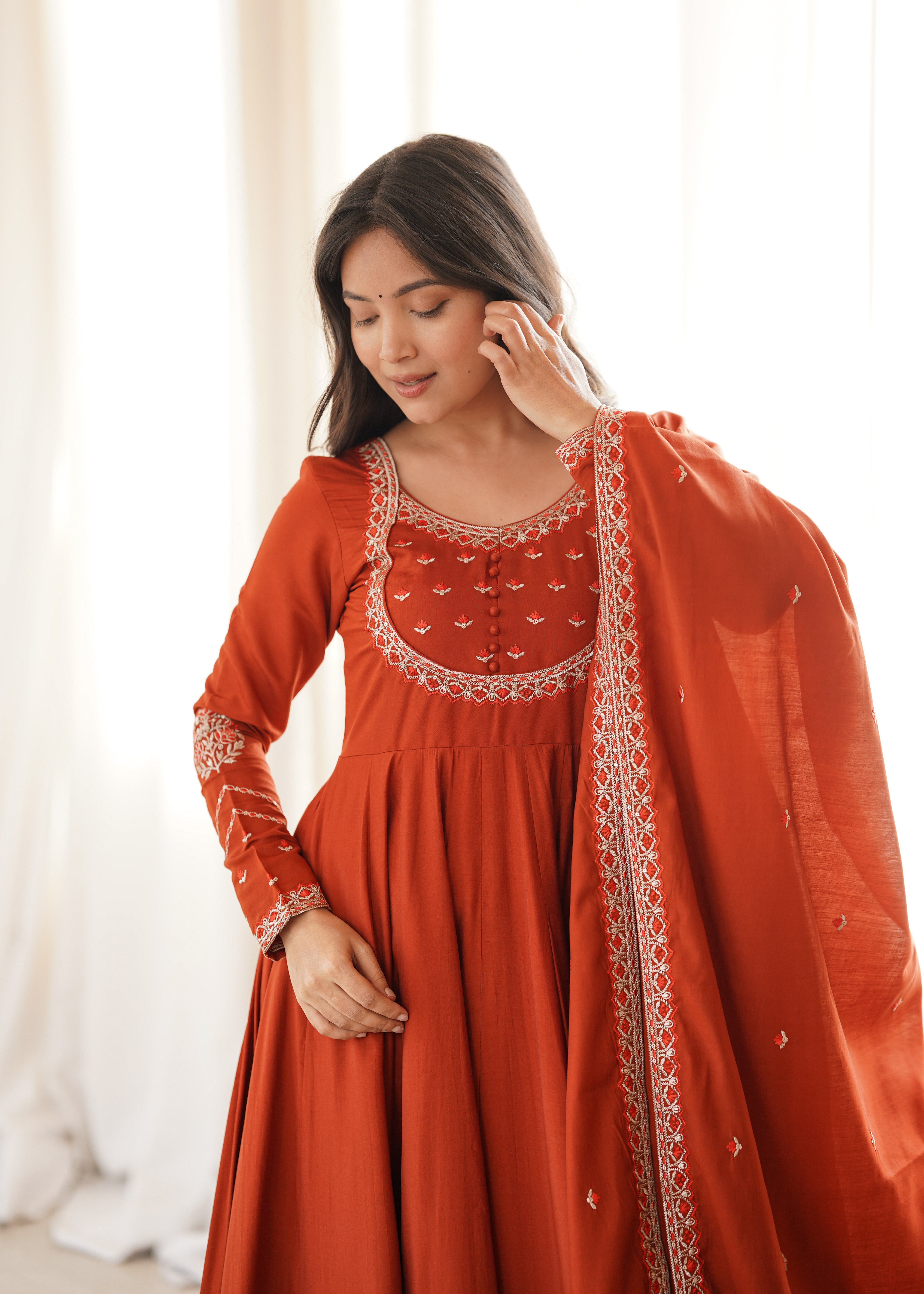 Rust Orange Pure Roman Chanderi Silk Anarkali Suit Set with Dupatta