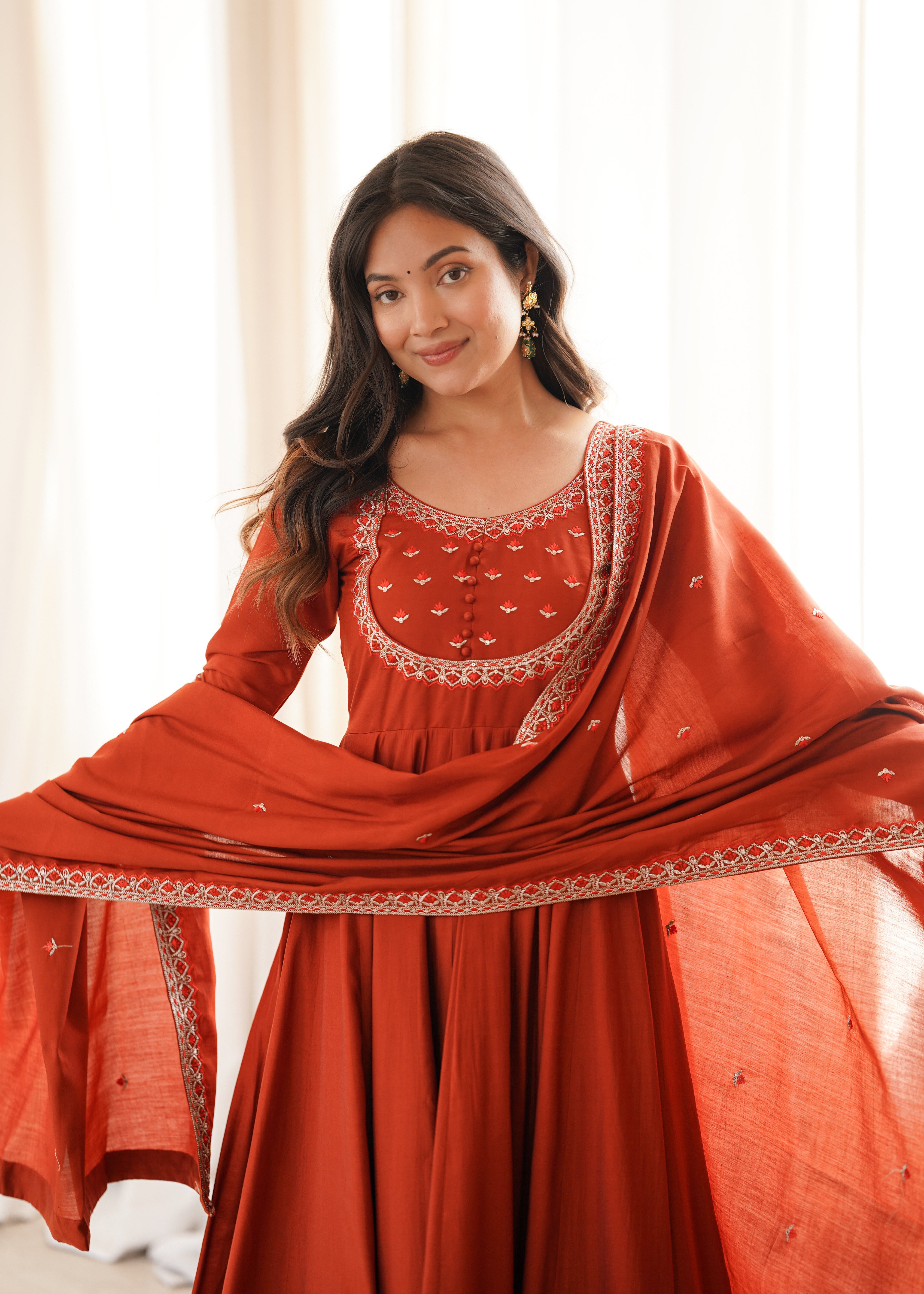Rust Orange Pure Roman Chanderi Silk Anarkali Suit Set with Dupatta