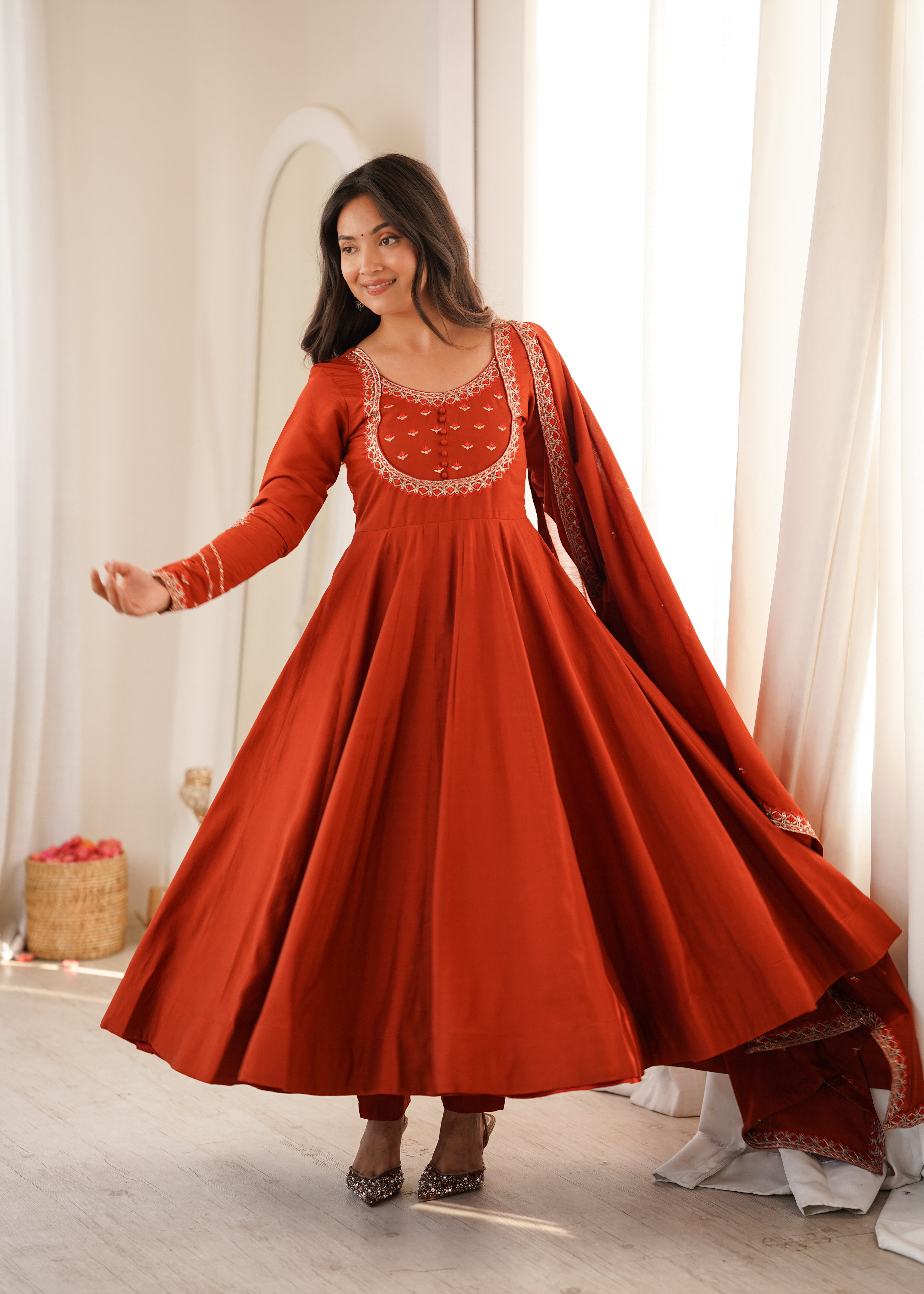 Rust Orange Pure Roman Chanderi Silk Anarkali Suit Set with Dupatta