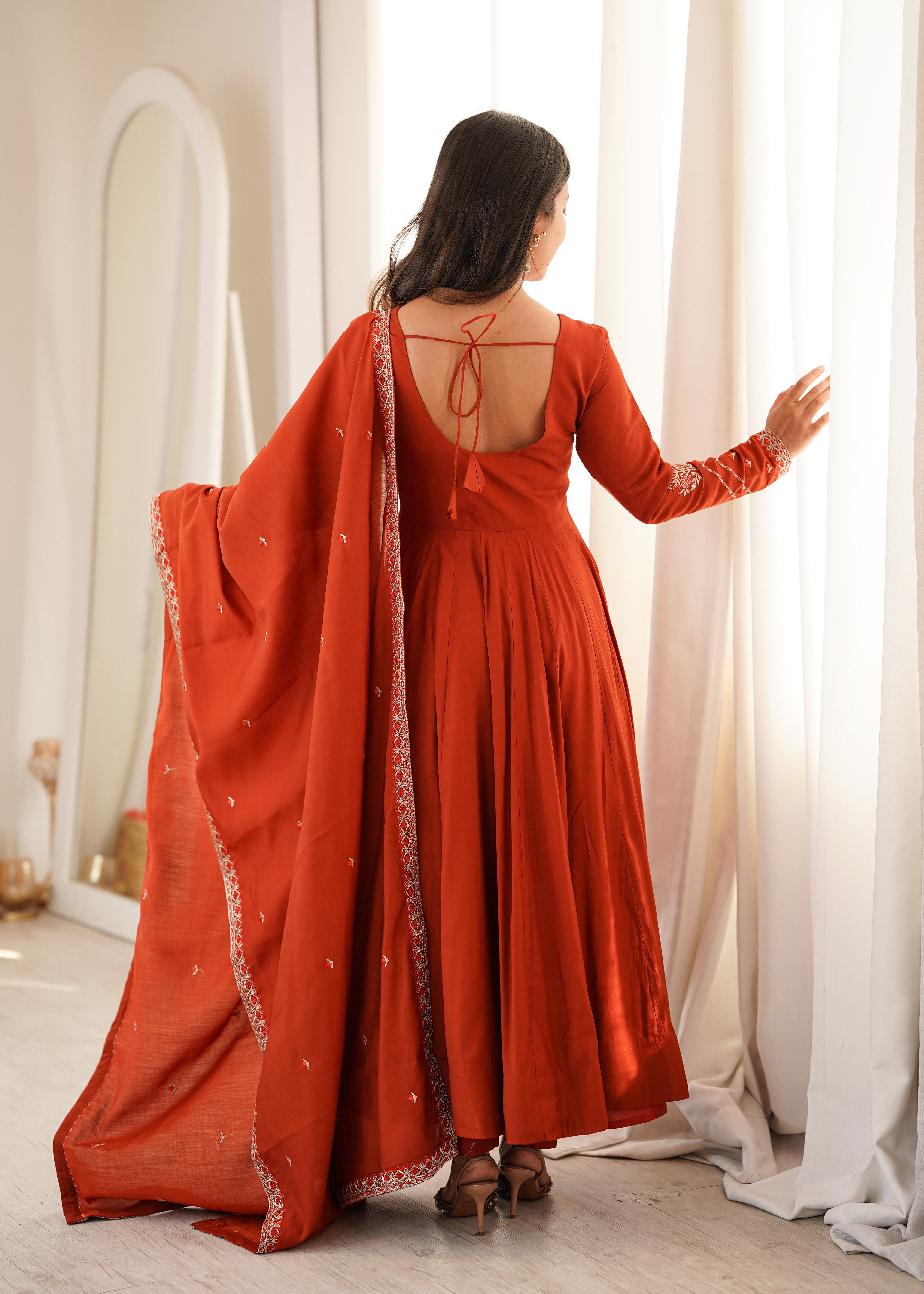 Rust Orange Pure Roman Chanderi Silk Anarkali Suit Set with Dupatta