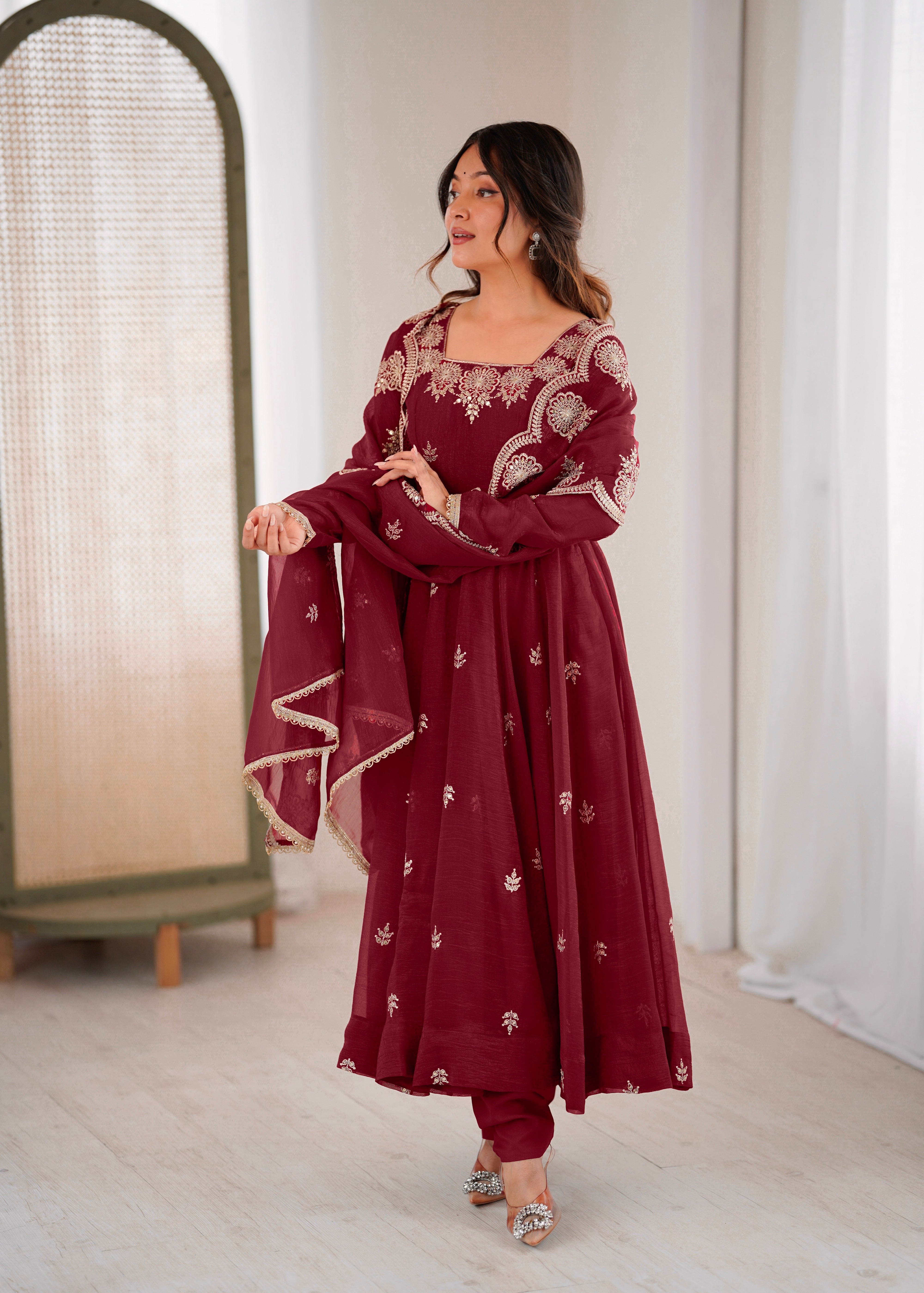 Maroon Color Elegant Designer Anarkali Set for Women | Ready to Wear 3 Piece Suit
