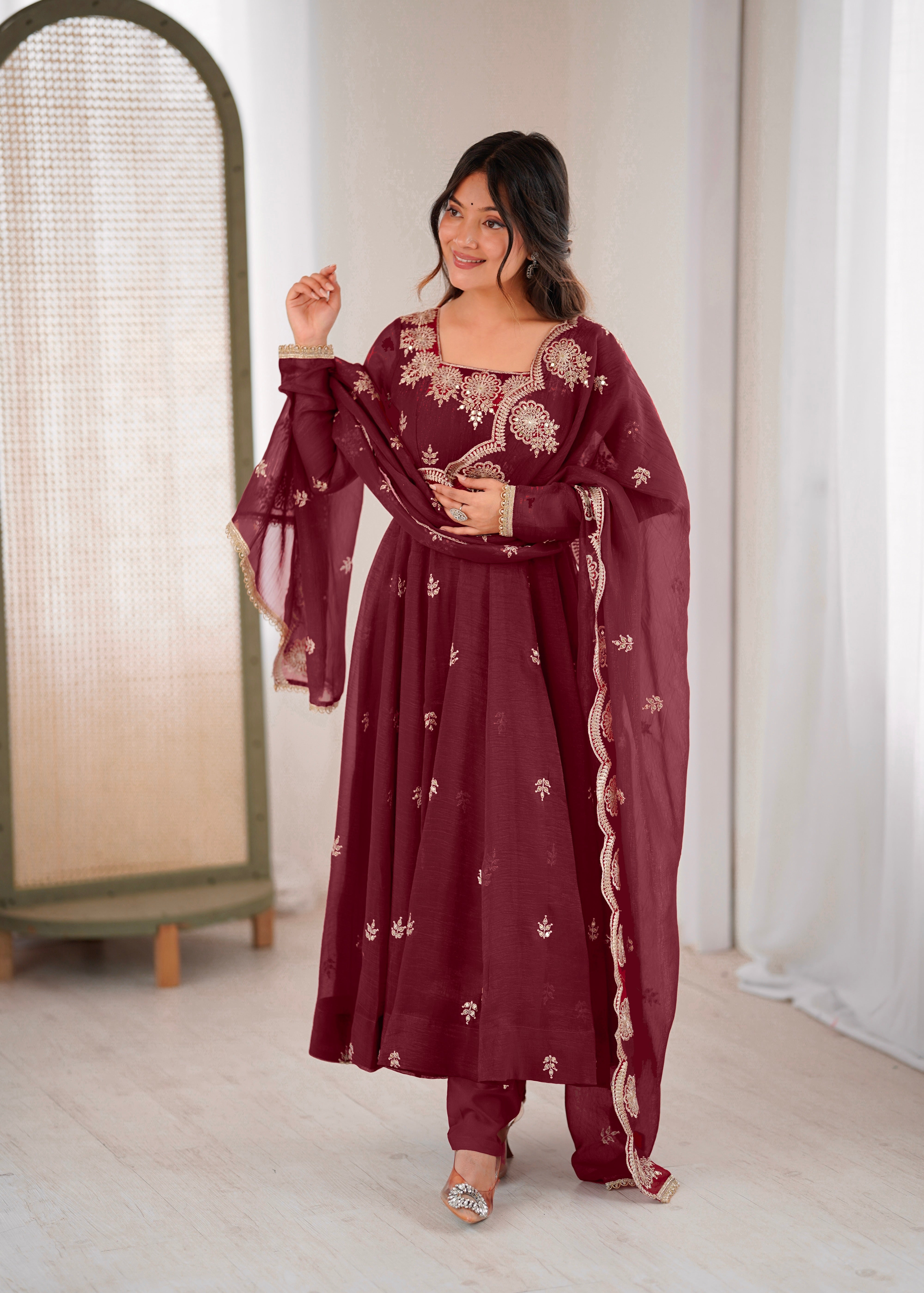 Maroon Color Elegant Designer Anarkali Set for Women | Ready to Wear 3 Piece Suit