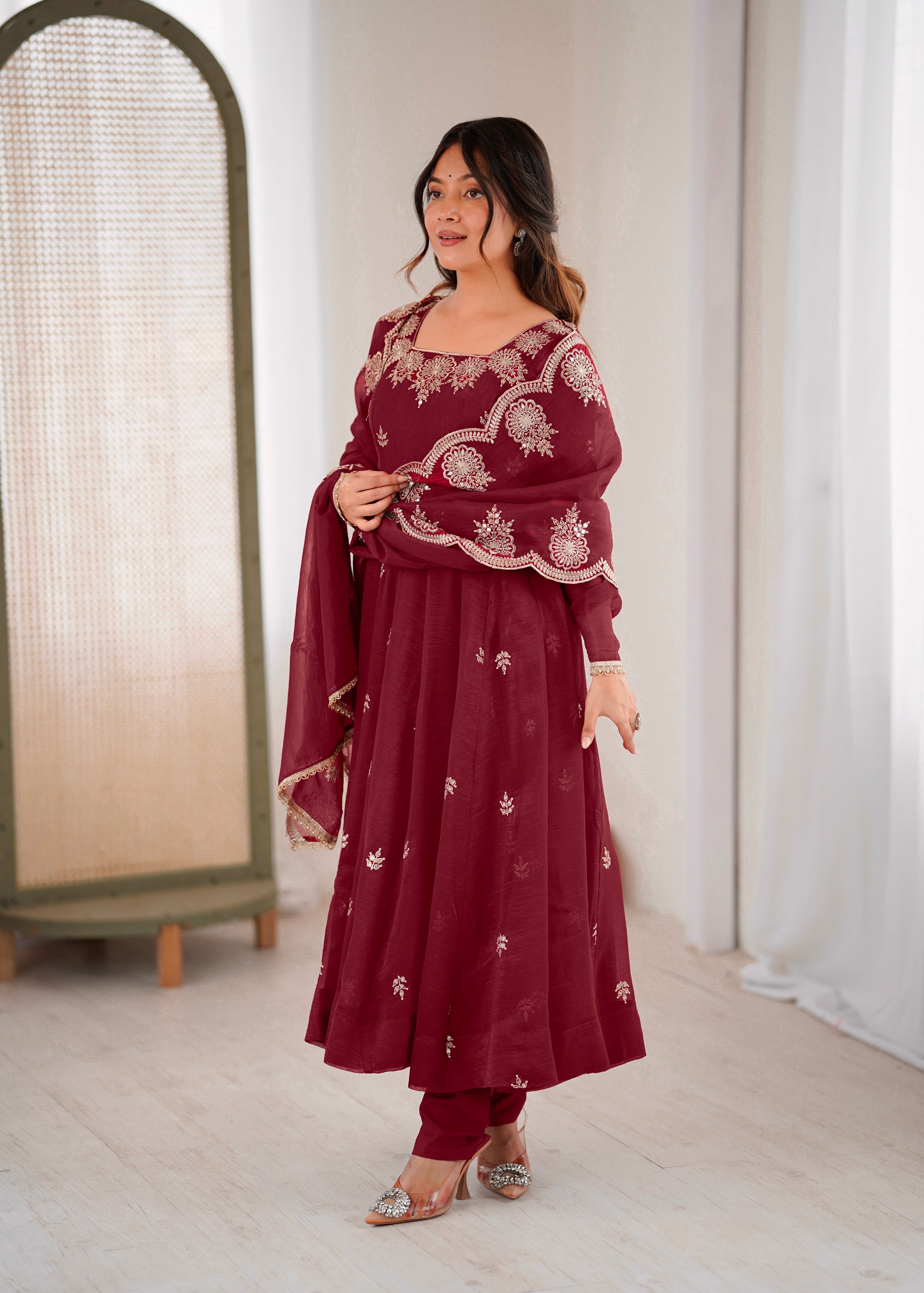 Maroon Color Elegant Designer Anarkali Set for Women | Ready to Wear 3 Piece Suit